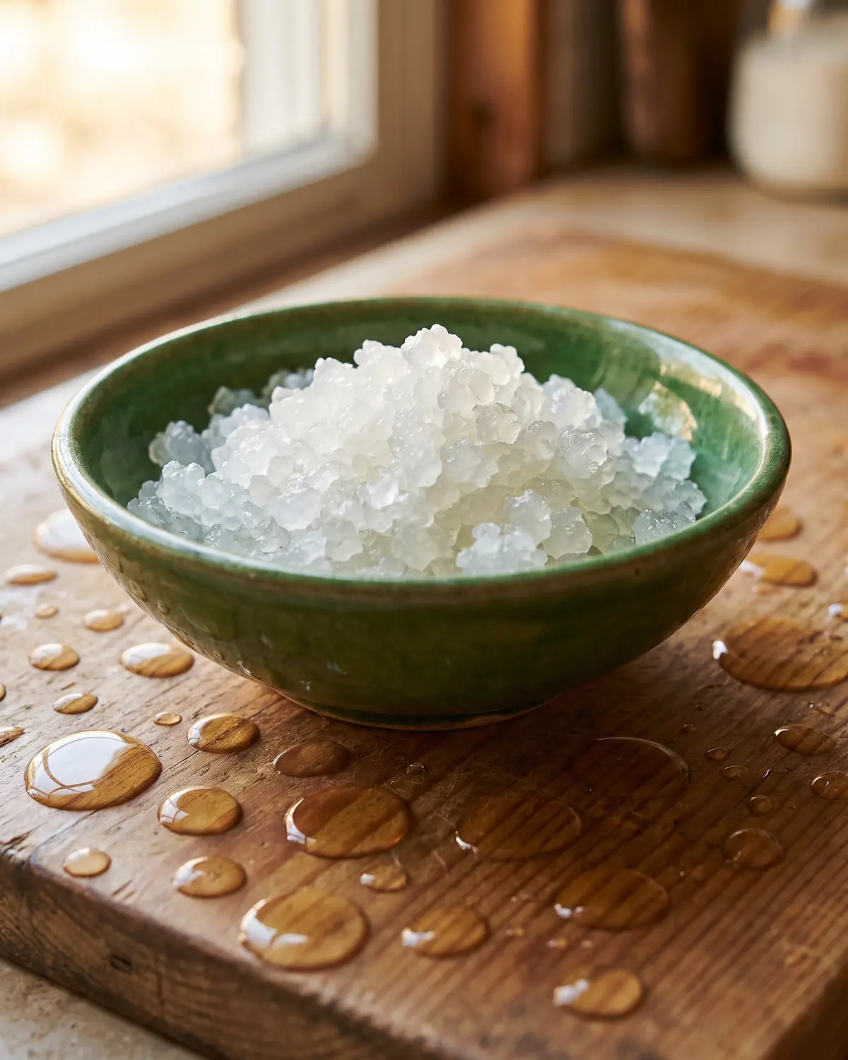 wasserkefir kristalle einfrieren Frisch abgetropfte Wasserkefir-Kristalle auf einer Holzfläche mit kleinen Tropfen und grünem Schimmer.