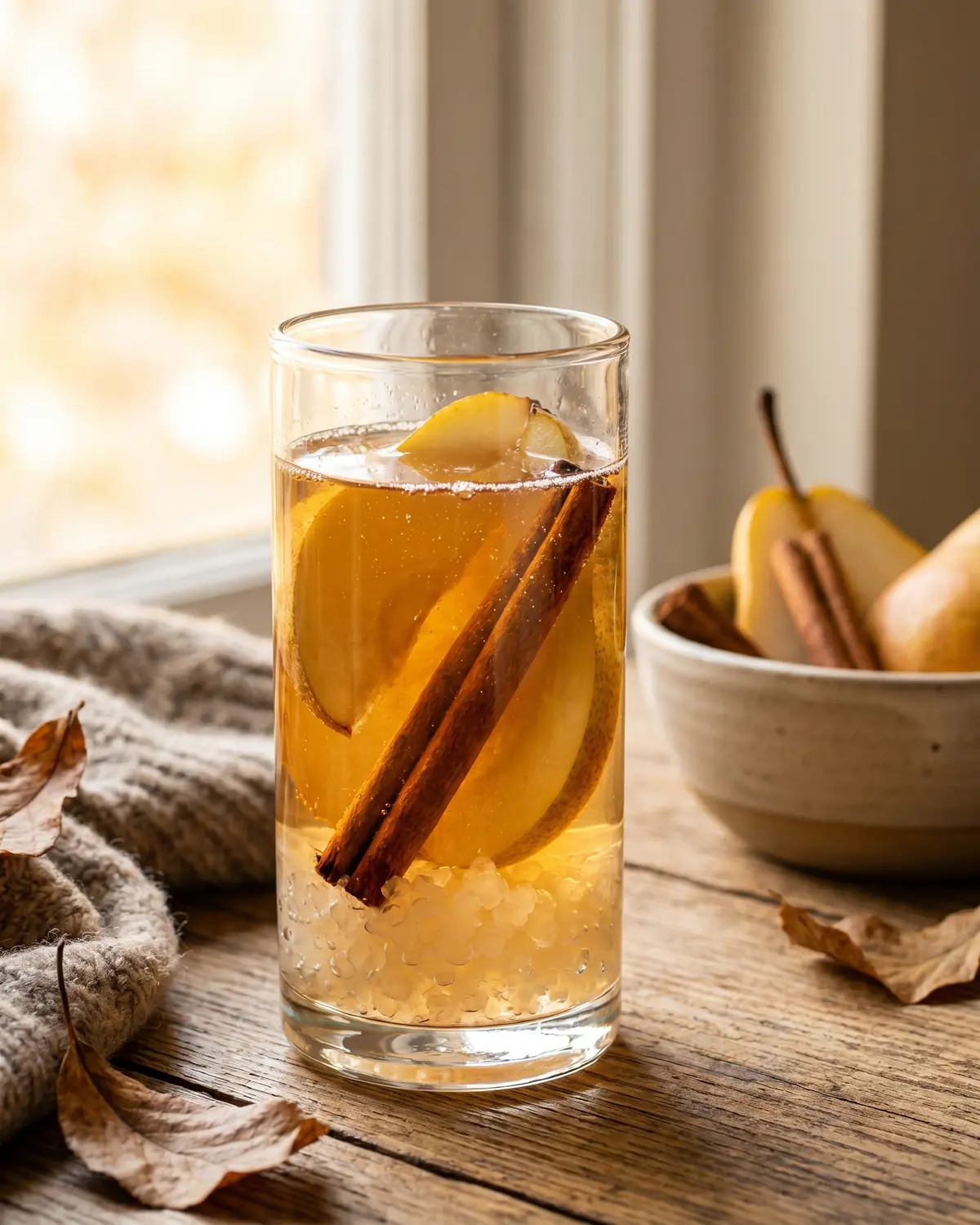 wasserkefir zu lange stehen lassen Glas mit Wasserkefir, Birnenscheiben und Zimt in einer herbstlichen Küchenszene zu Hause