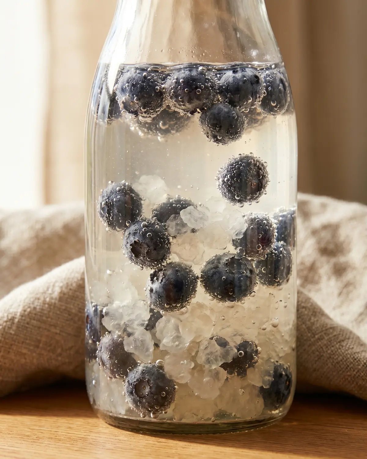 wasserkefir schäumt Nahaufnahme von Bläschen um Blaubeeren in einer Flasche Wasserkefir mit seitlichem Licht und Leinenhintergrund.