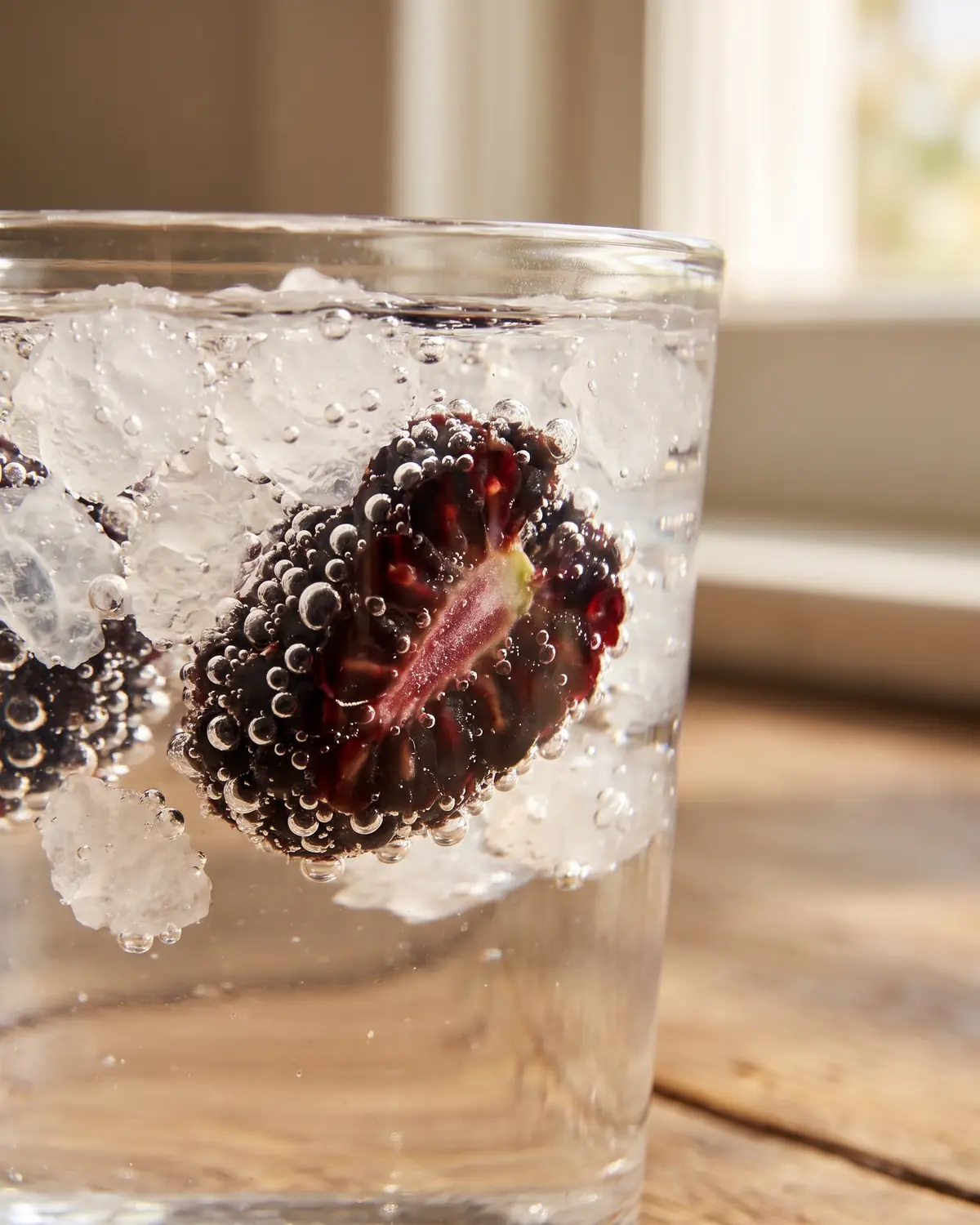 Sprudelnde Bl&auml;schen um eine angeschnittene Brombeere im Glas w&auml;hrend der zweiten Fermentation.