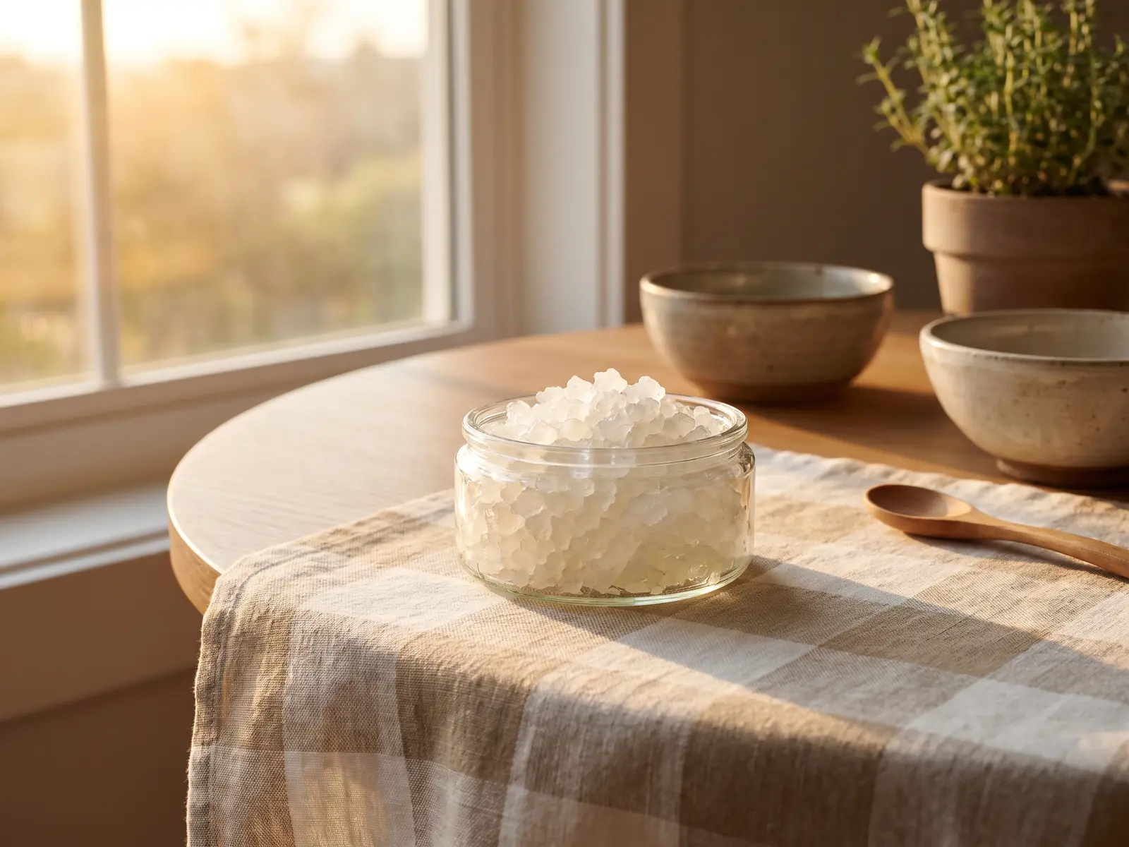 Wasserkefir-Kristalle in einem niedrigen Glas auf einer hellen Tischdecke bei sanftem Morgenlicht.