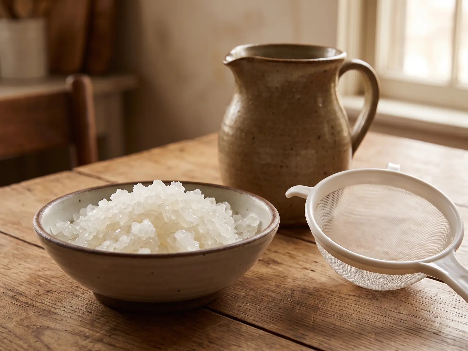 Wasserkefir-Kristalle in einer Schale neben trockenem Kunststoffsieb und Keramikkrug.