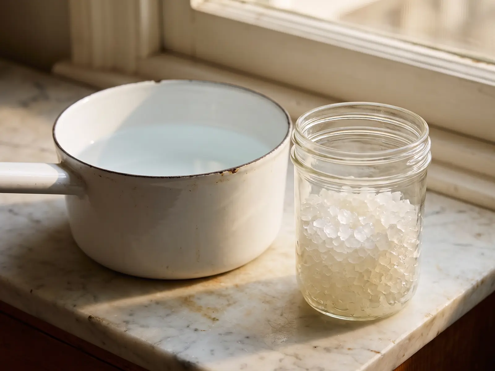 wasserkefir einfrieren Emailletopf mit abgekühltem Wasser und ein Glas mit durchscheinenden Wasserkefirkristallen auf Marmor.