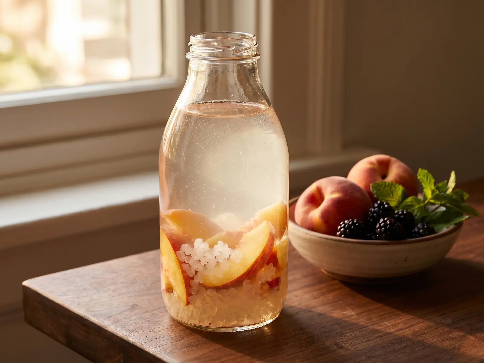 Flasche mit Wasserkefir neben Pfirsich auf dunklem Holz, warmes Licht und ruhige Fermentationsszene