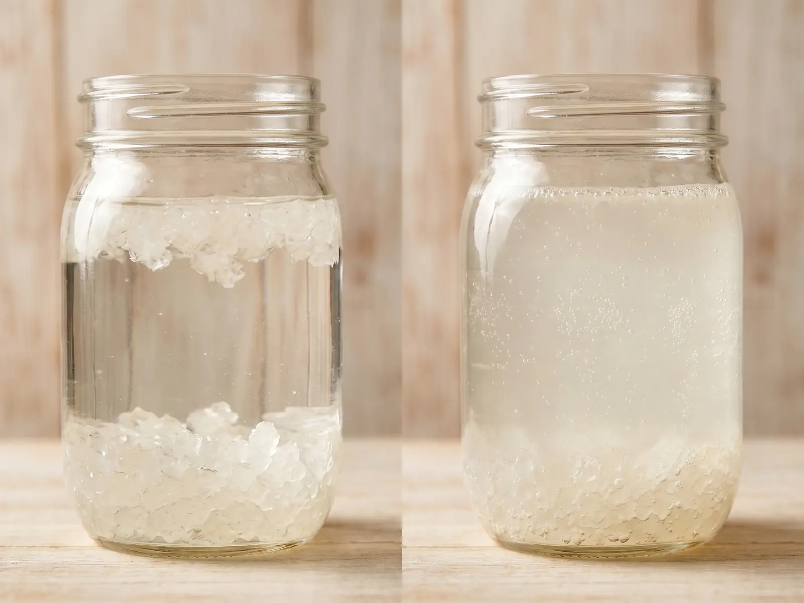 Zwei Gl&auml;ser mit frisch angesetztem und fertig fermentiertem Wasserkefir mit feinen Bl&auml;schen.