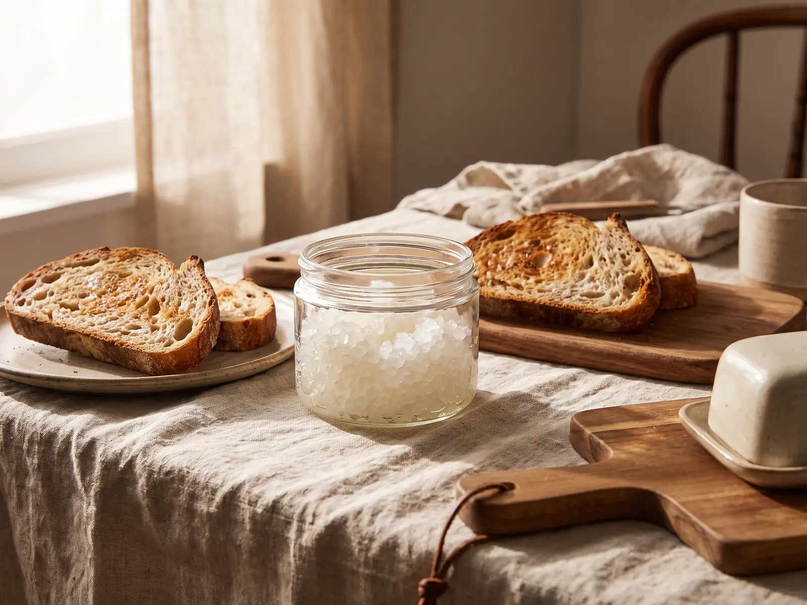 Fr&uuml;hst&uuml;ckstisch mit Wasserkefir im Glas, hellen Kristallen, Toast und Leinen bei seitlichem Licht