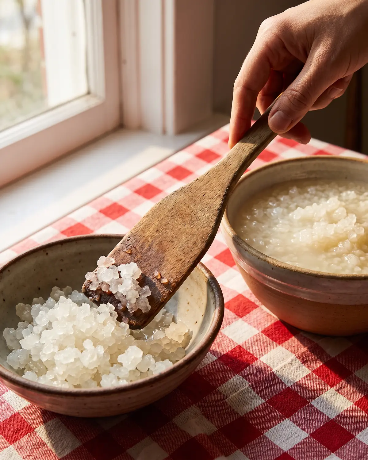 wasserkefir wächst nicht Eine Hand trennt Wasserkefir-Kristalle mit einem Holzspatel in Keramikschalen auf kariertem Stoff.