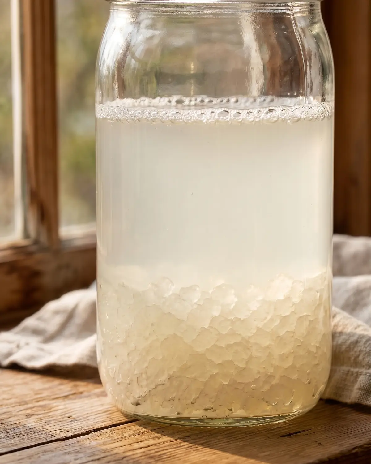 wasserkefir wirkung Hohes Glas mit Wasserkefir, feinen Bläschen an der Oberfläche und warmem Licht am Fenster.