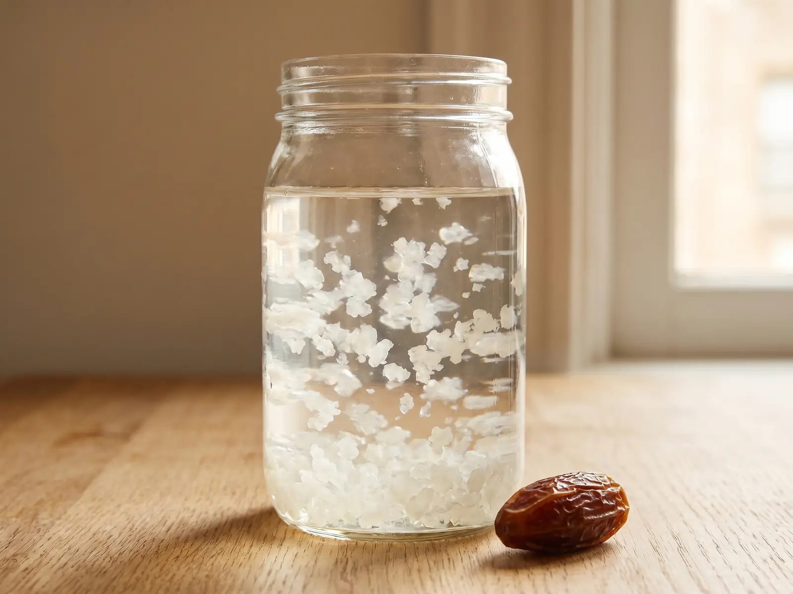 wasserkefir zweite fermentation Glas mit Wasserkefir, hellen Kristallen und einer Dattel als Ansatz für die Fermentation.