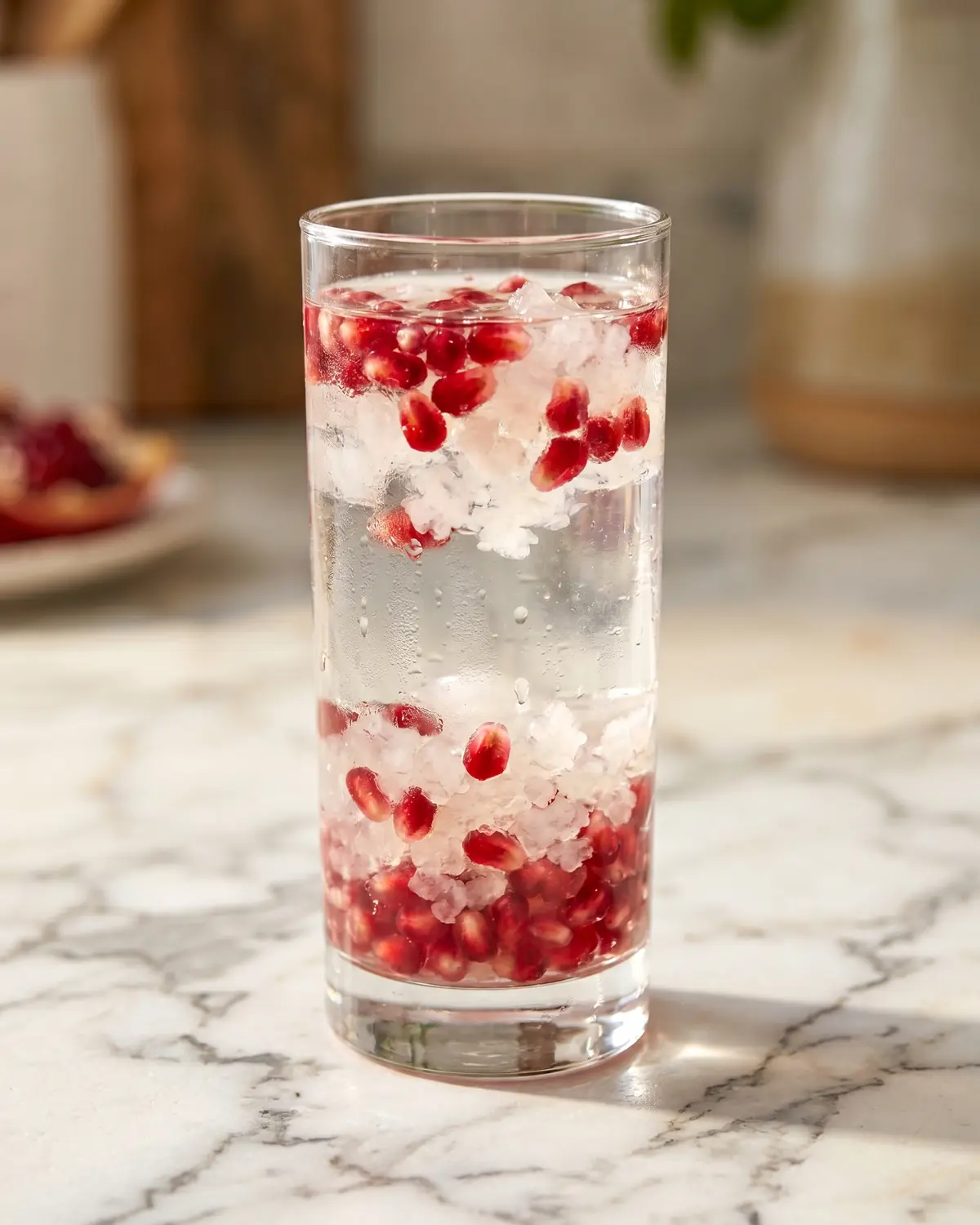 Wasserkefir mit Granatapfel in einem feinen Glas, mit schwebenden Samen auf hell gemasertem Marmor.