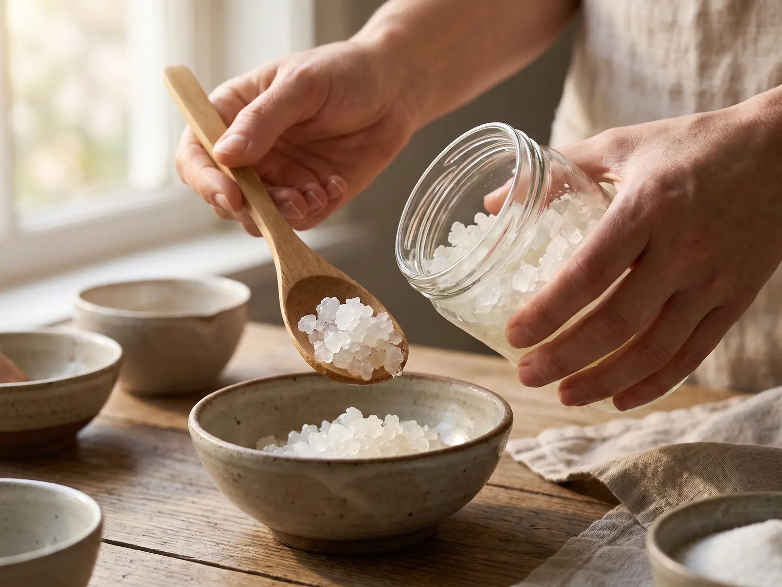wasserkefir für anfänger Zwei Hände füllen transparente Wasserkefir-Kristalle mit einem Holzspatel zwischen Glas und Schale um