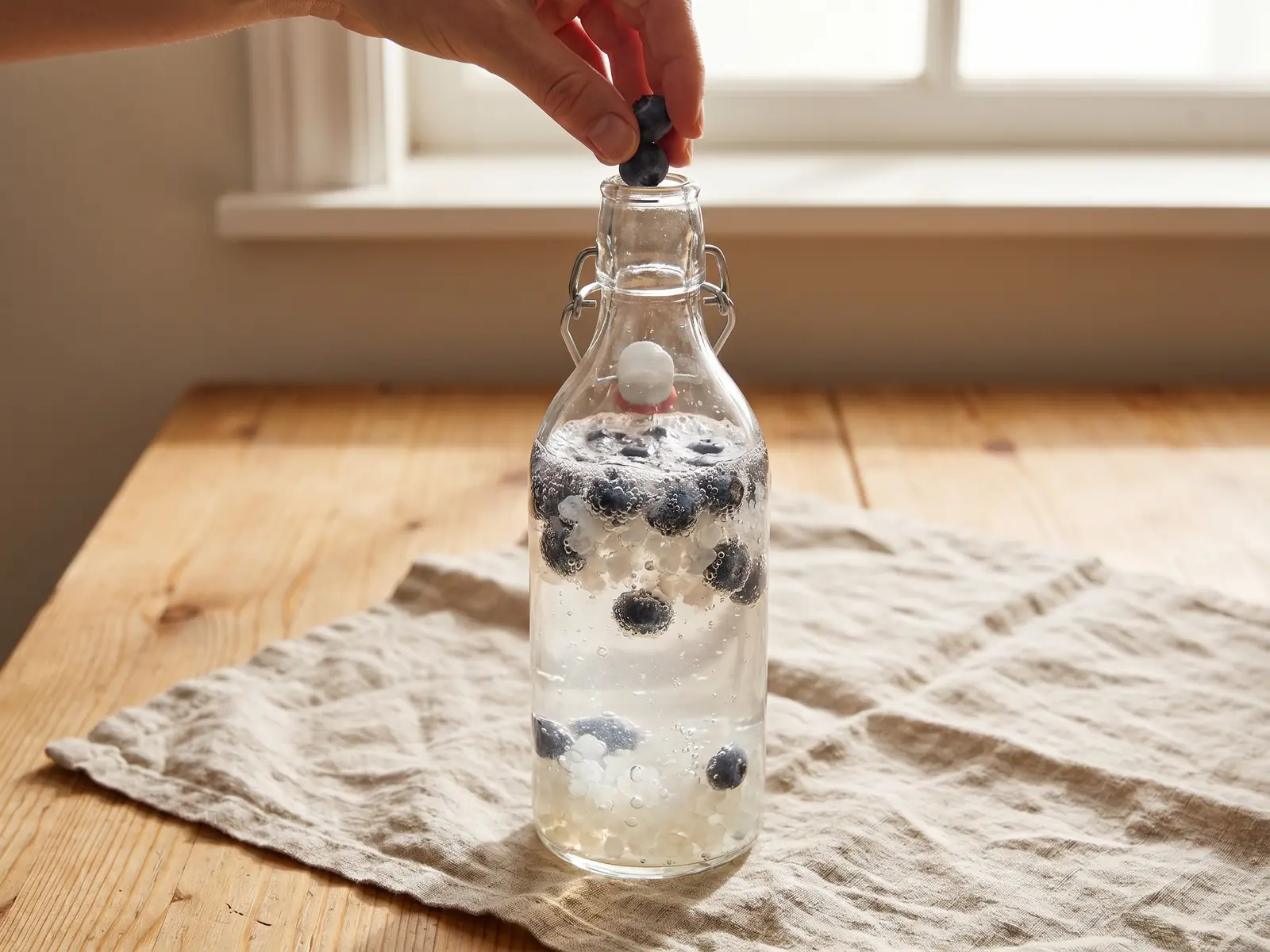 wasserkefir stillzeit Eine Hand gibt Blaubeeren in eine Flasche Wasserkefir auf einem Tisch mit Holz und Leinen.