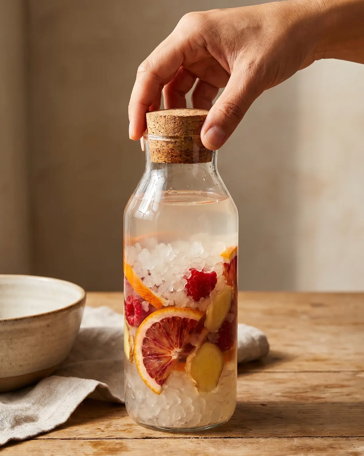 Eine Hand verschlie&szlig;t eine Flasche mit Wasserkefir, in der saisonale Fr&uuml;chte f&uuml;r Geschmack sichtbar sind.
