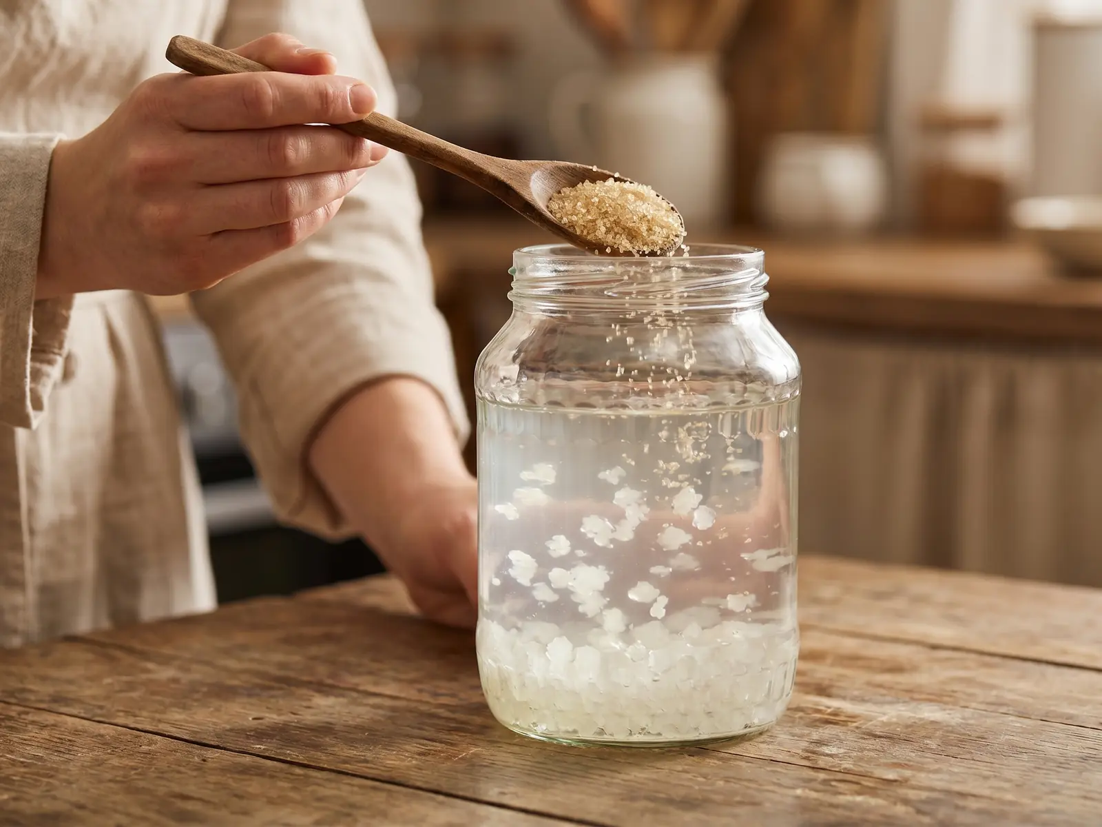 wasserkefir wofür gut Eine Hand gibt mit einem Holzlöffel Rohrzucker in ein Glas mit Wasserkefir-Ansatz.