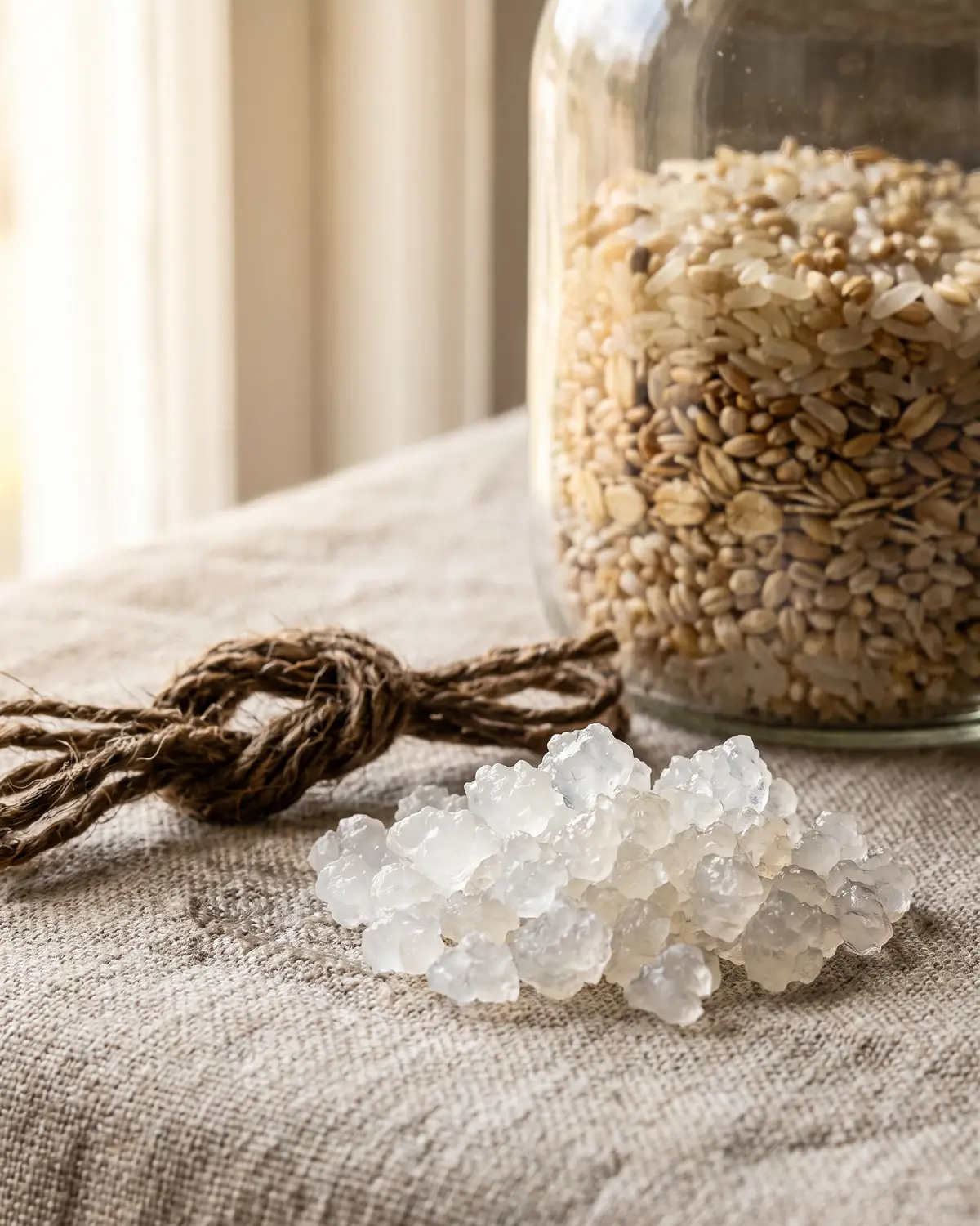 Feuchter Juteknoten auf grobem Naturstoff, dahinter Glas mit hellen Wasserkefir-Kristallen im Makrodetail
