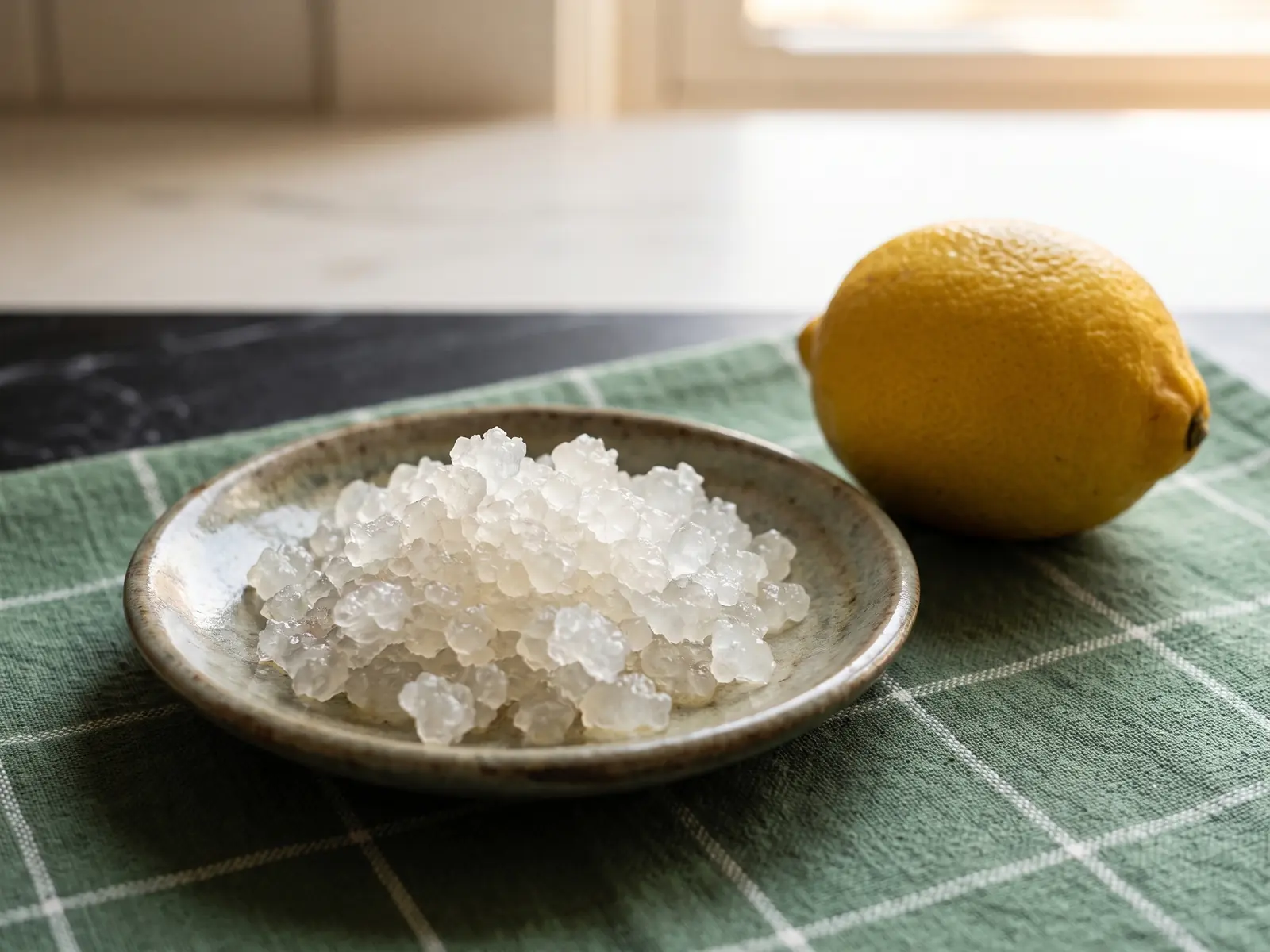 wasserkefir kristalle einfrieren Wasserkefir-Kristalle auf einem Keramikteller neben einer Zitrone auf dunklem Marmor.