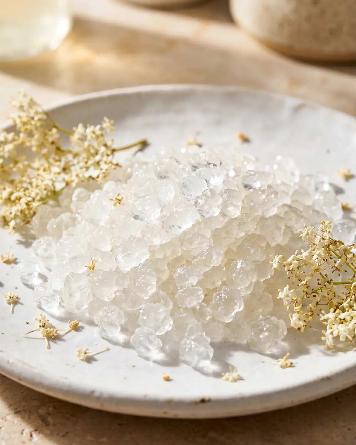 wasserkefir einfrieren Kristalline Wasserkefirkörner auf einem weißen Keramikteller mit getrockneten Holunderblüten daneben.