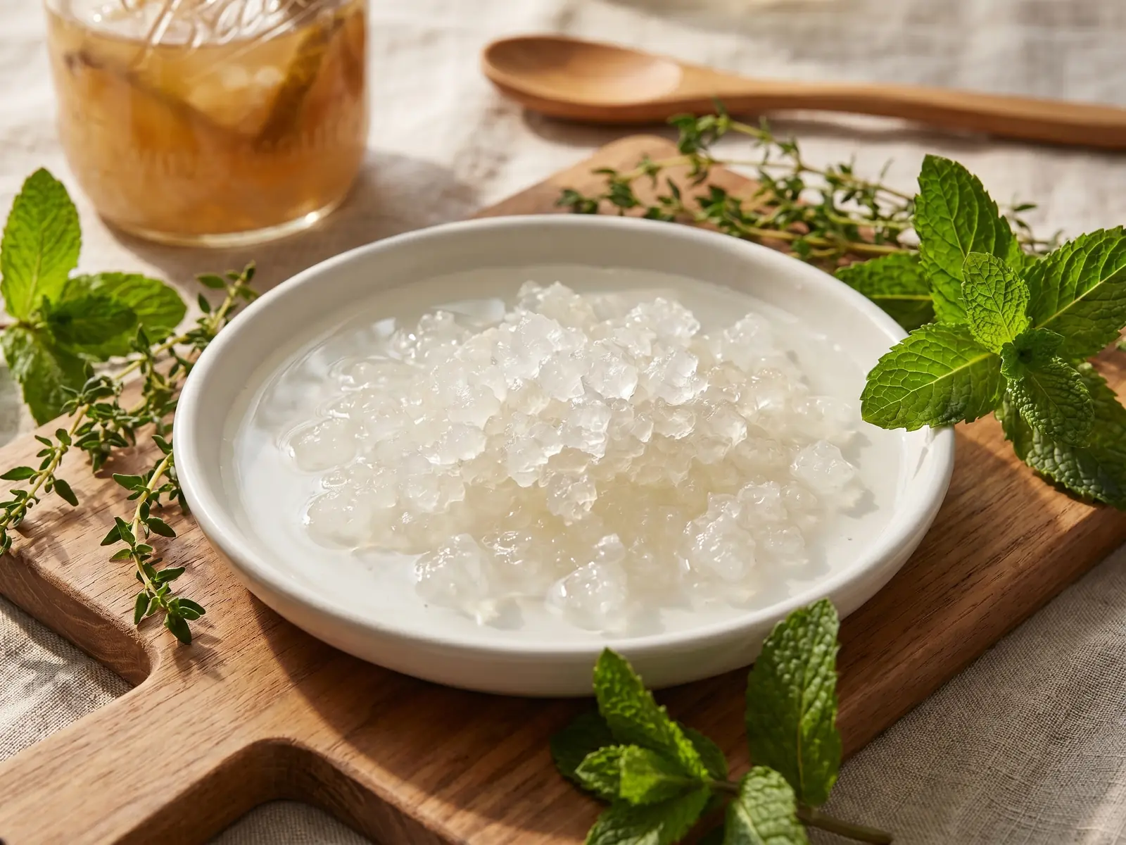 wasserkefir Durchscheinende Wasserkefir-Kristalle in flachem Wasser auf einem weißen Teller mit frischen Kräutern.