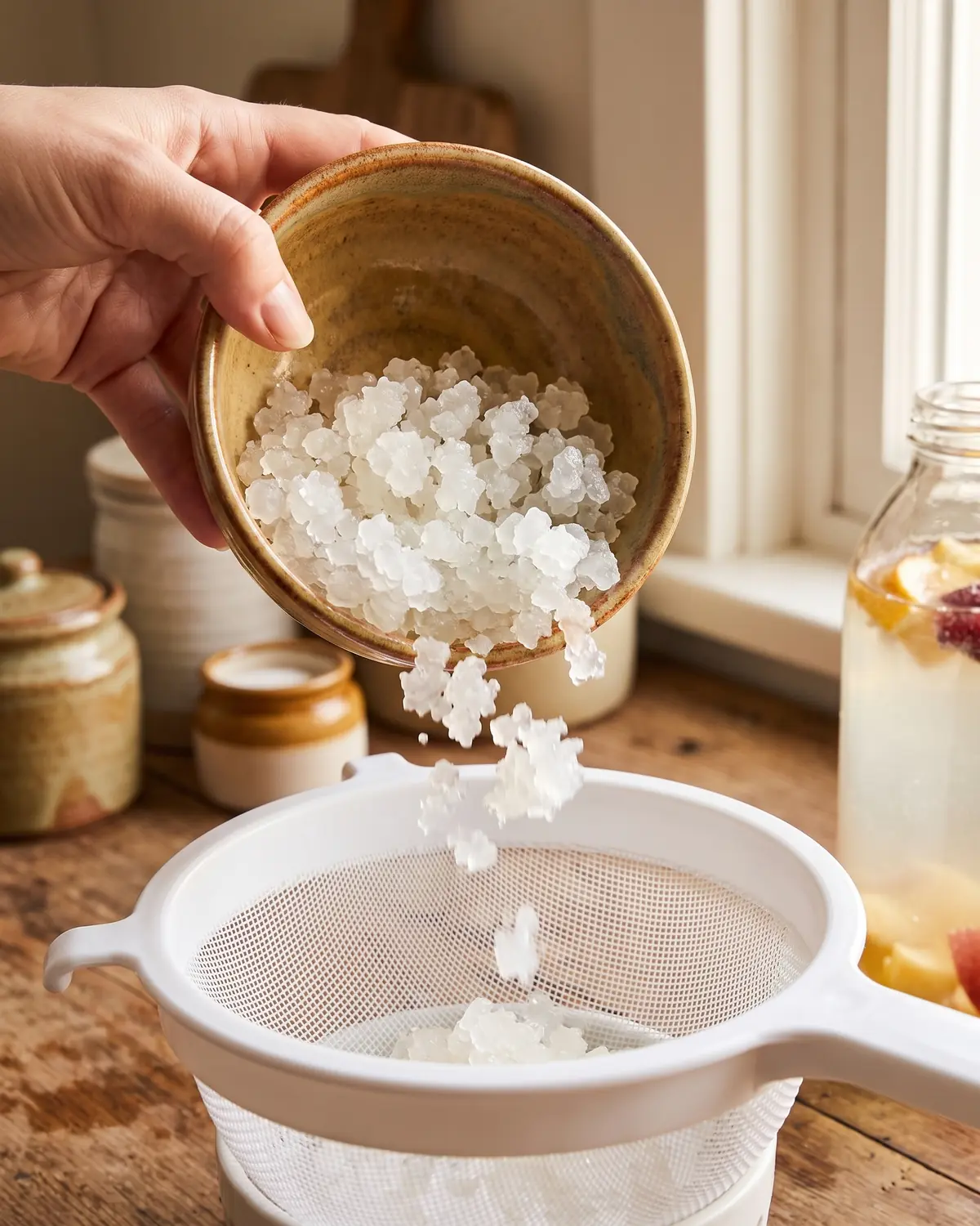 Eine Hand sch&uuml;ttet kompakte Wasserkefir-Kristalle aus einer Keramikschale in ein wei&szlig;es Sieb.