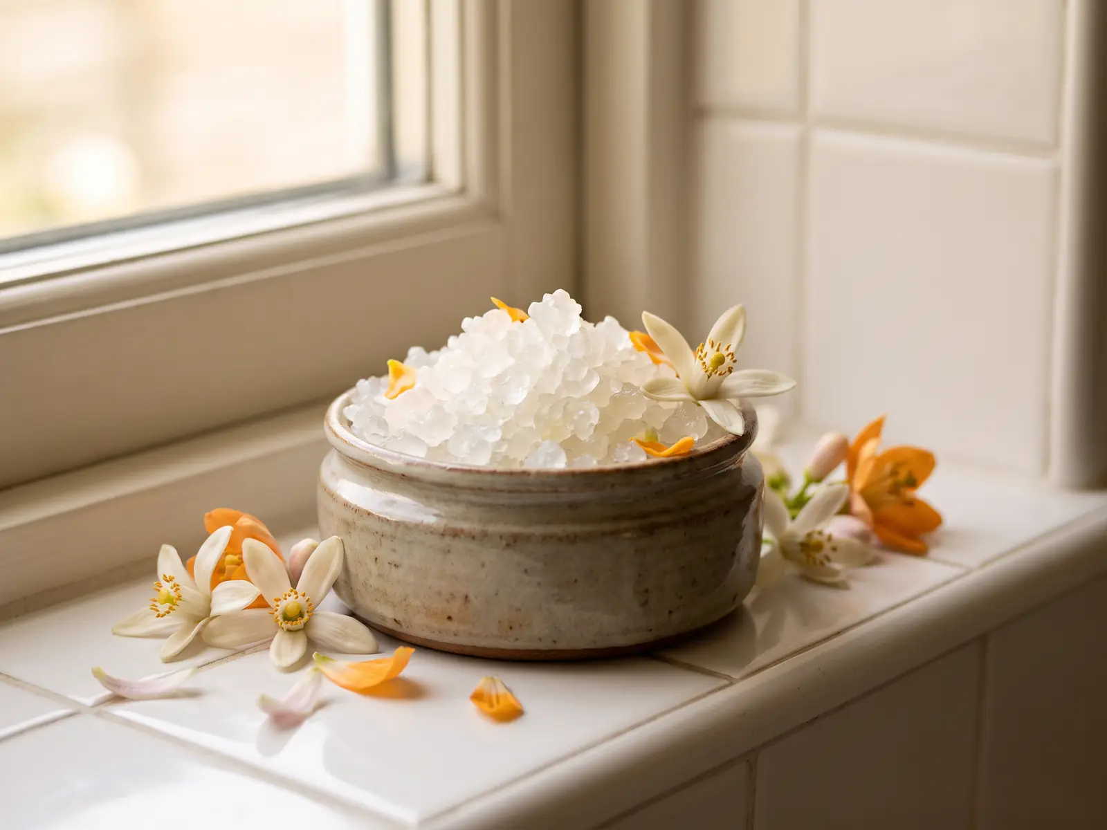 wasserkefir sprudelt nicht Ein Glas Wasserkefir mit kristallinen Körnchen steht am Küchenfenster zwischen weißen Fliesen und Orangenblüten.
