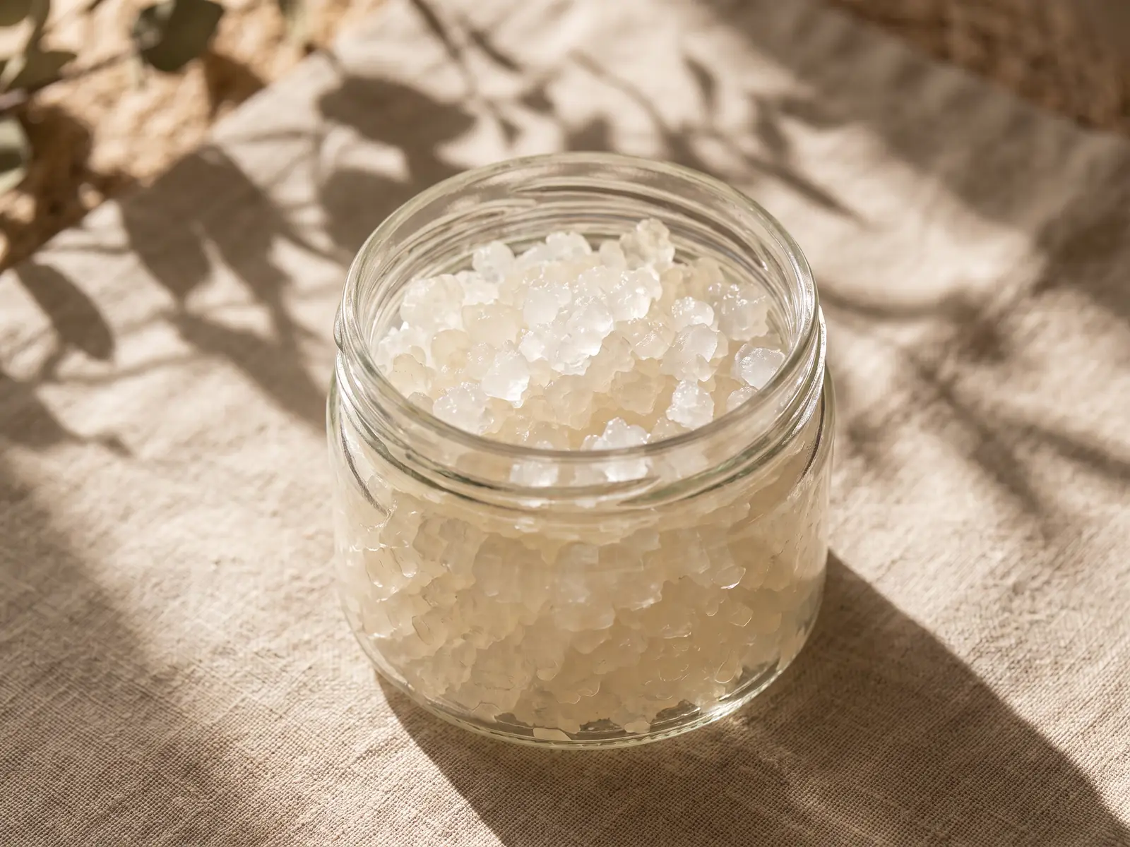 wasserkefir zu lange stehen lassen Glas mit kristallinen Wasserkefir-Knollen auf einem Leinentuch im weichen Schatten von Blättern