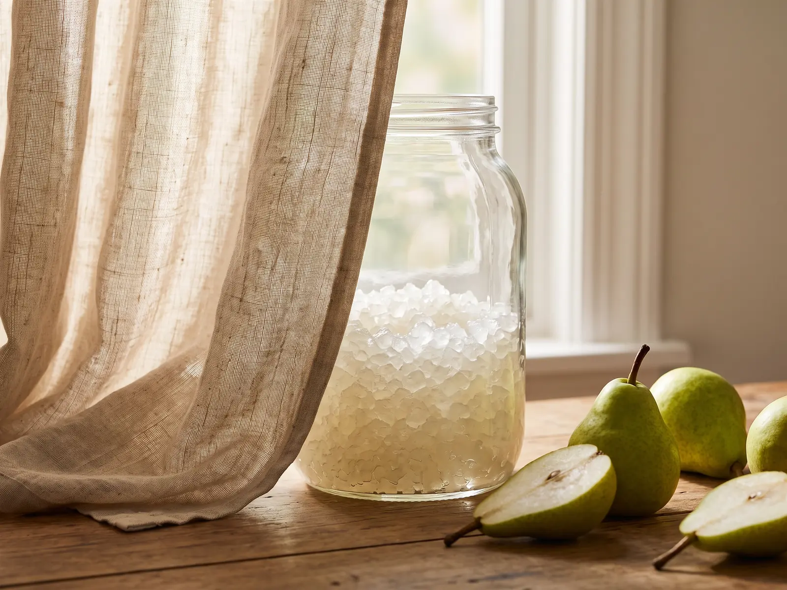 wasserkefir anleitung Großes Glas mit Wasserkefir hinter einem Leinenvorhang, glänzenden Kristallen und grünen Birnen im Vordergrund.