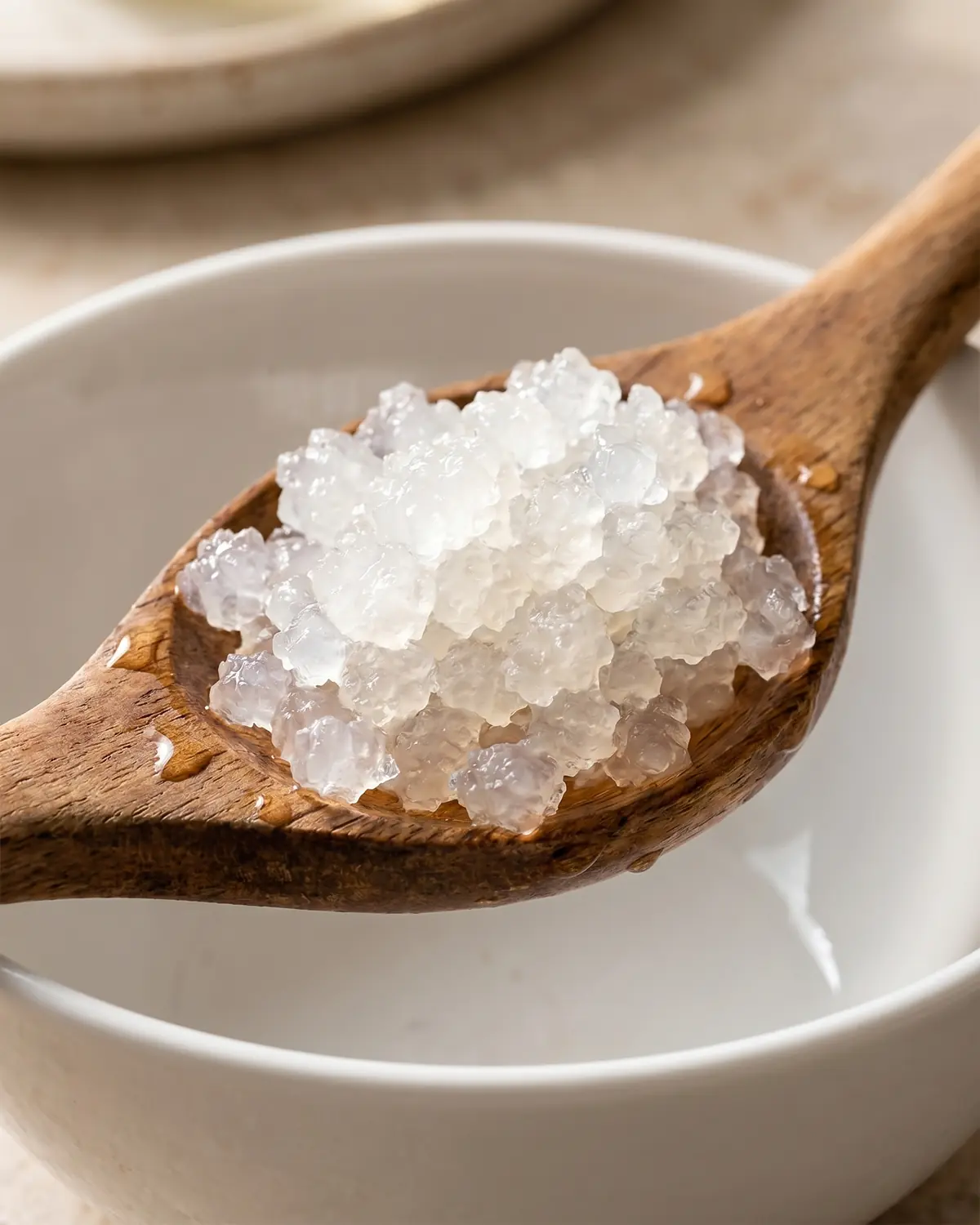 wasserkefir zweite fermentation Holzlöffel mit durchscheinenden Wasserkefir-Kristallen über einer weißen Schale in Nahaufnahme.