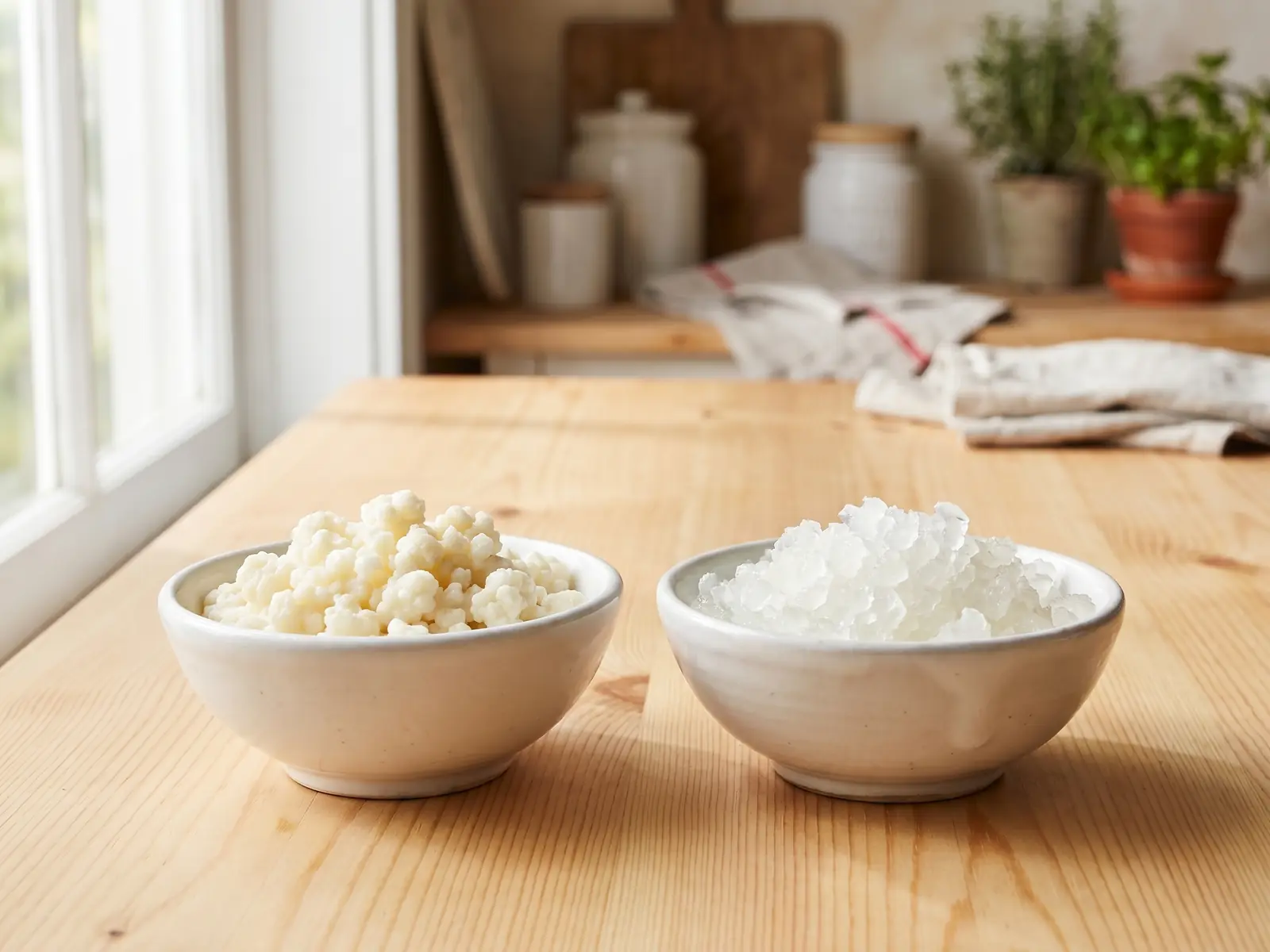 wasserkefir blähungen Opake Milchkefir-Knollen und klare Wasserkefir-Kristalle in zwei Schalen im direkten Vergleich.