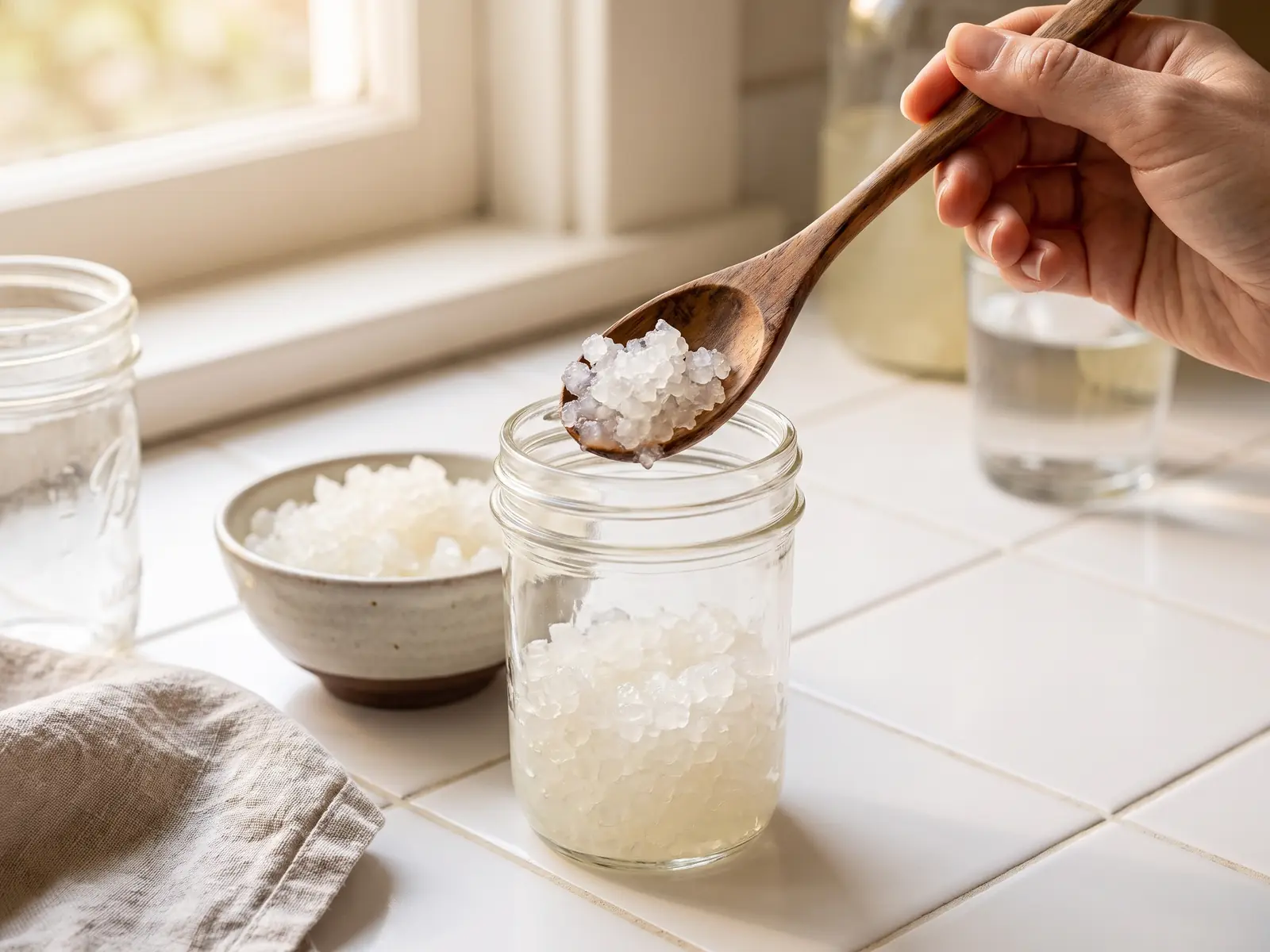 wasserkefir wächst nicht Eine Holzgabel hebt durchsichtige Wasserkefir-Kristalle über einem Glas auf weißen Küchenfliesen.