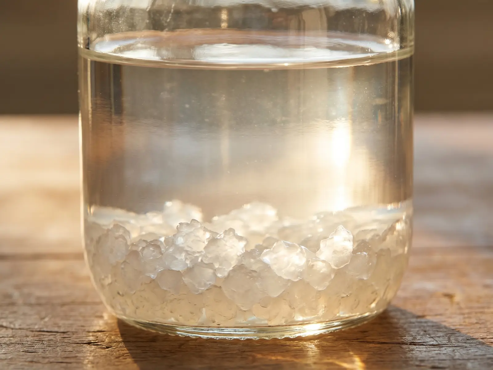 Seitlicher Blick auf ein Glas Wasserkefir mit klarer Fl&uuml;ssigkeit und K&ouml;rnchen am Boden.