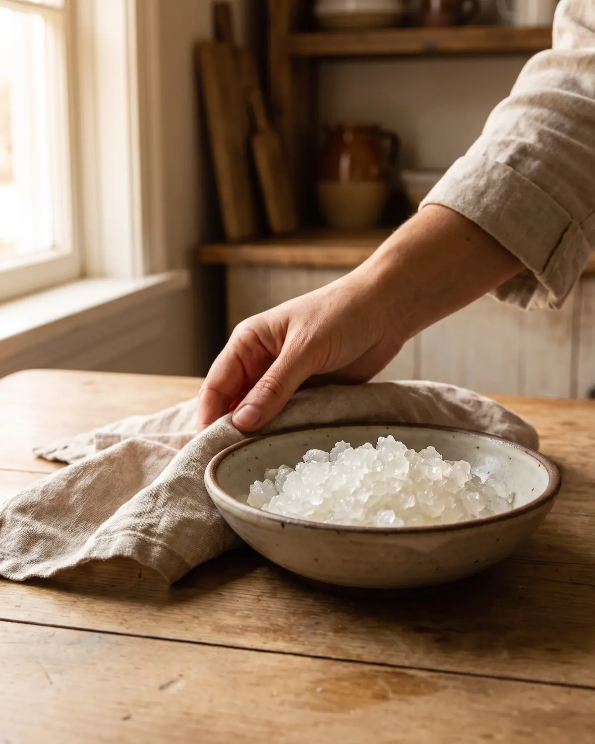 wasserkefir anleitung Eine Hand legt ein Leinentuch neben eine Schale mit rehydrierten Wasserkefir-Kristallen im seitlichen Licht.