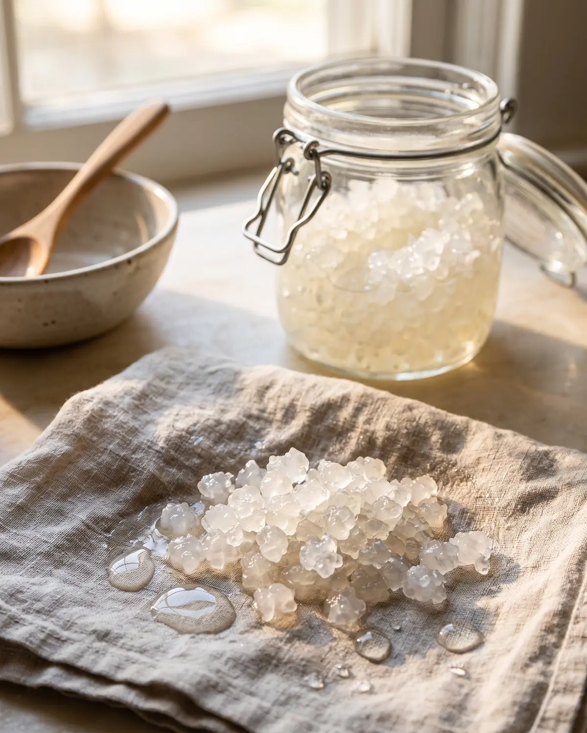 wasserkefir trocknen Transparente Wasserkefir-Kristalle auf geöffnetem Tuch, mit einem Glas im Hintergrund.