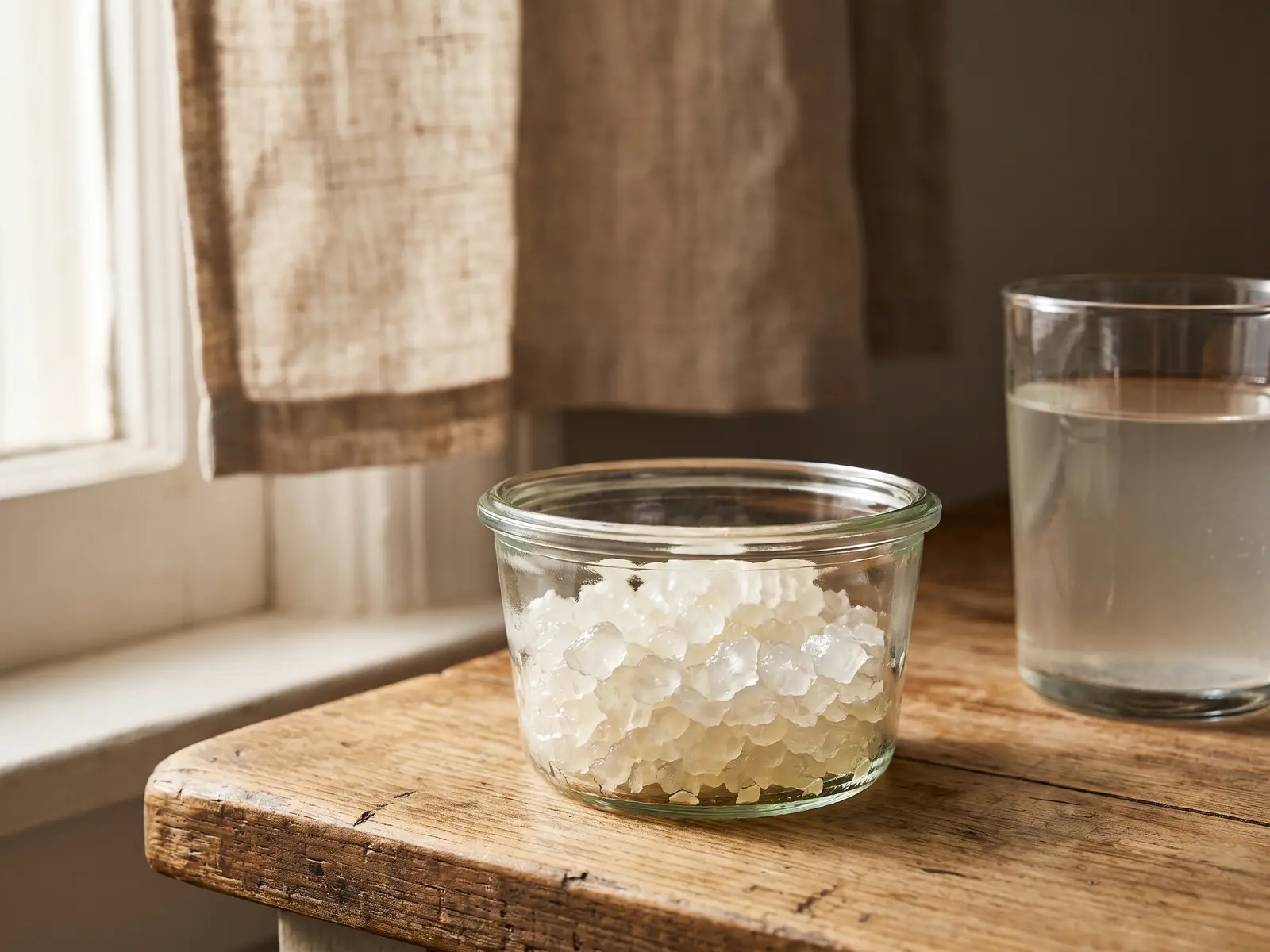wasserkefir schäumt Glas mit Wasserkefir-Kristallen, Zuckerwasser und Leinentuch auf einer Arbeitsplatte an einem bewölkten Tag.