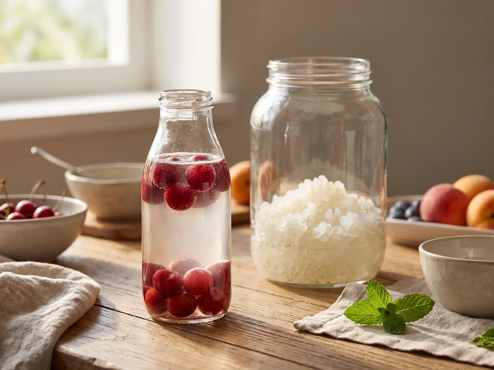 wasserkefir trocknen Flasche mit Wasserkefir und Kirschen in zweiter Fermentation, dahinter ein Glas mit Kultur.