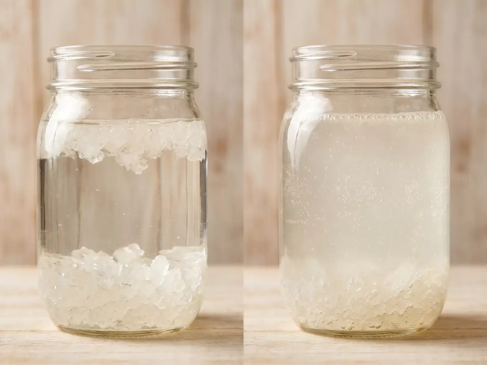wasserkefir kristalle werden kleiner Zwei Gläser mit frisch angesetztem und fertig fermentiertem Wasserkefir mit feinen Bläschen.