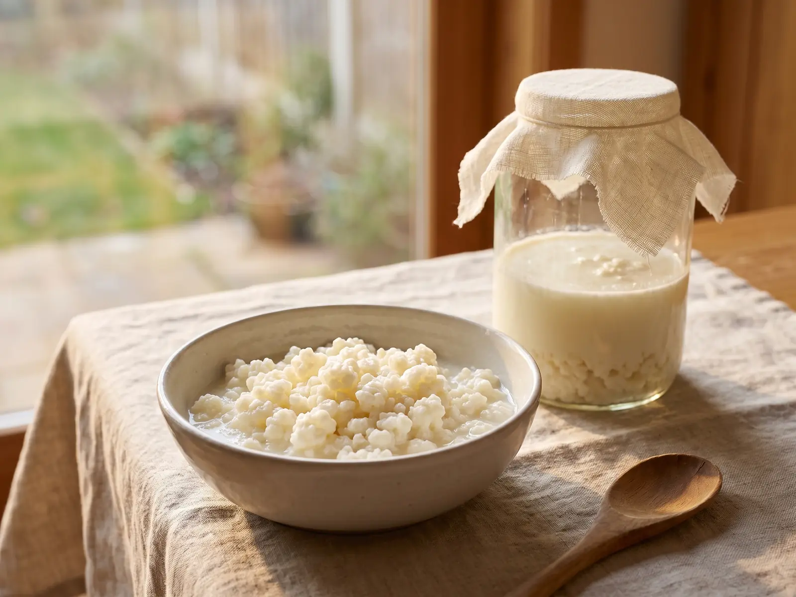 Glas mit fermentierendem Milchkefir und feuchten Kefirknollen auf einem Leinentisch im Abendlicht.