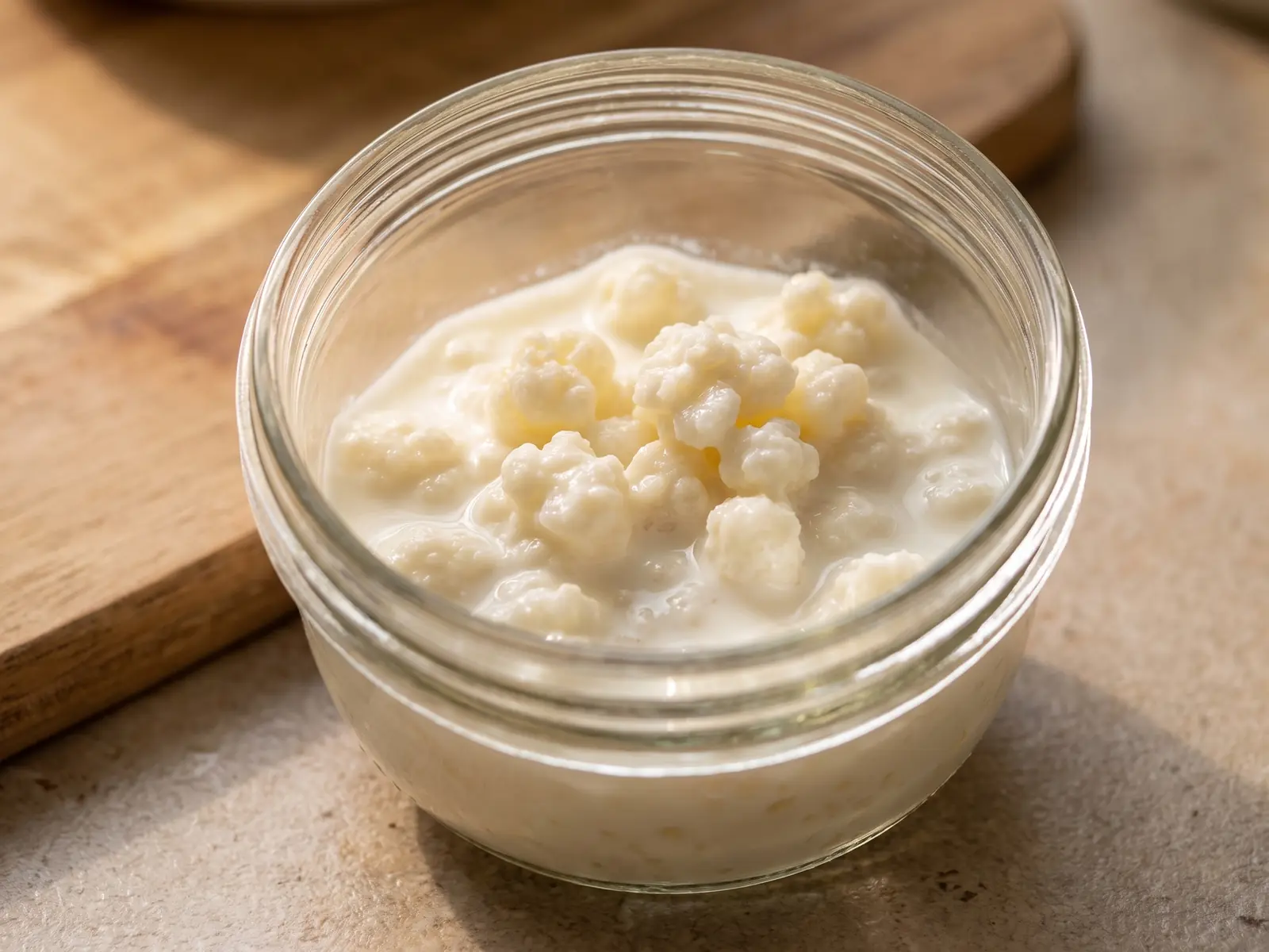 kefir buttermilch gesünder Frisch befülltes Glas mit Milch, in der sich helle Kefirknöllchen auf einer neutralen Arbeitsfläche abzeichnen.