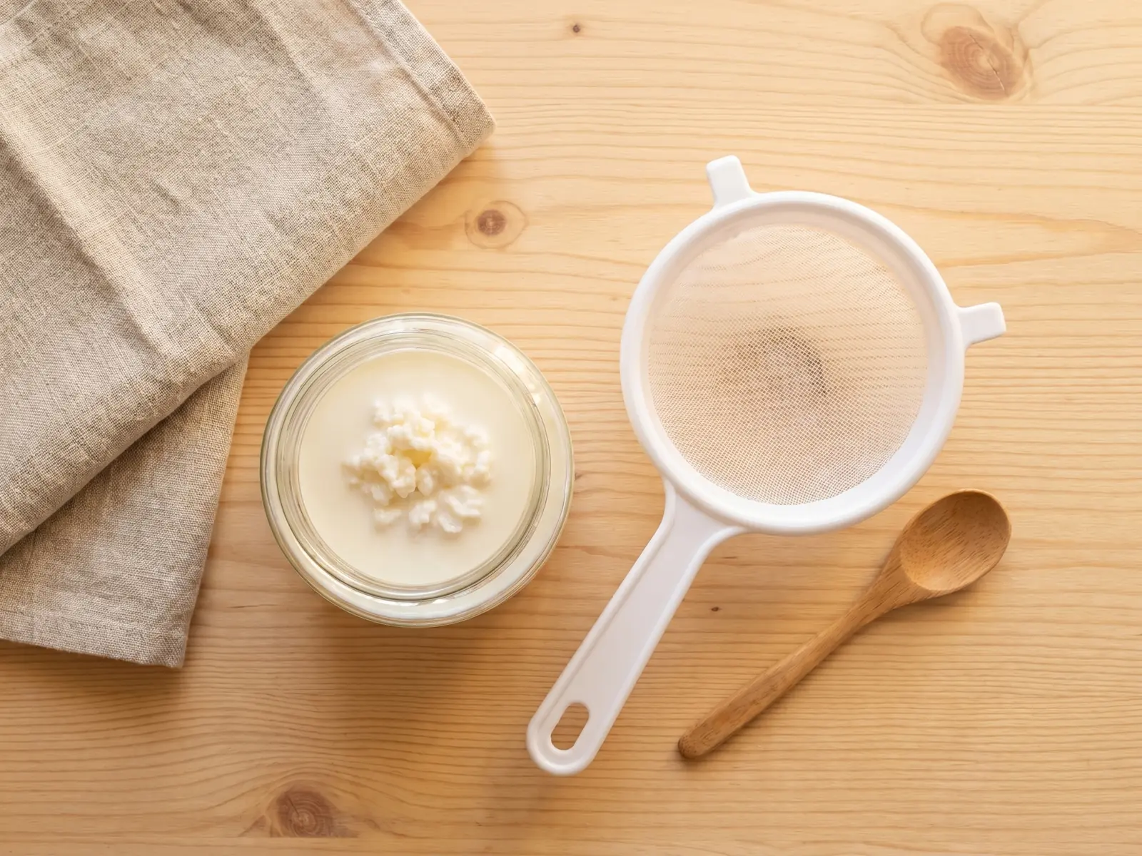 kefir darmbakterien Glas mit Milchkefir auf der Arbeitsplatte, daneben weißes Sieb, Holzlöffel und Leinentuch.