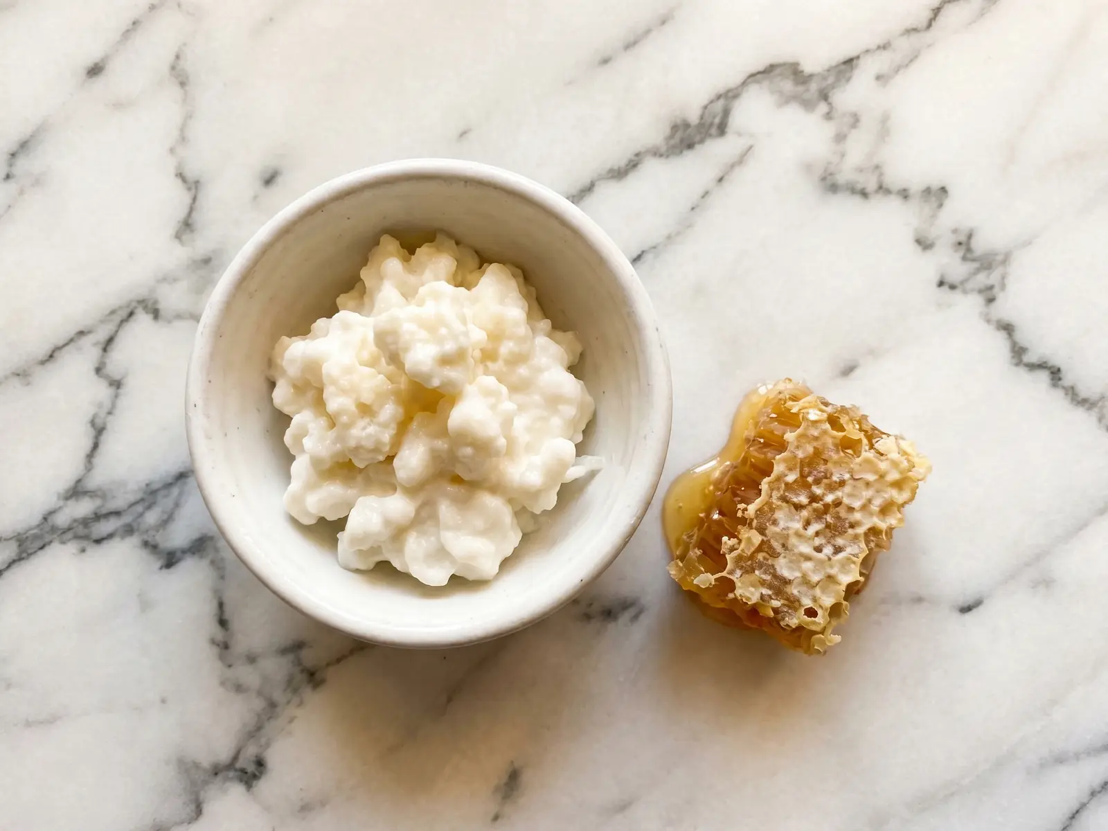 Schale mit nat&uuml;rlichem Milchkefir neben Honigwabe auf hellem Marmor in warmer Aufsicht.