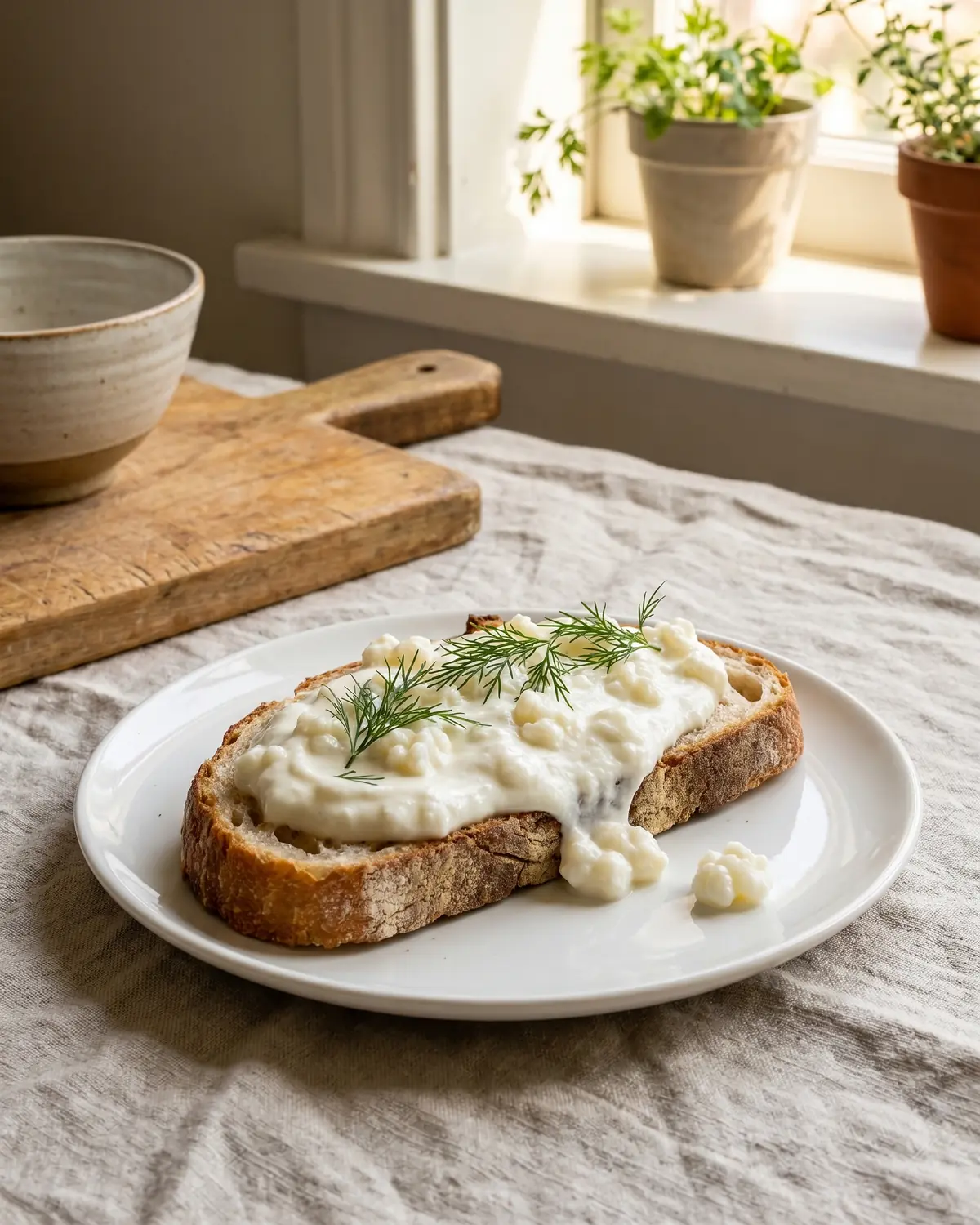 kefir vs ayran Dicker Milchkefir mit frischem Dill auf rustikalem Brot, angerichtet auf weißem Teller vor Leinenstoff.
