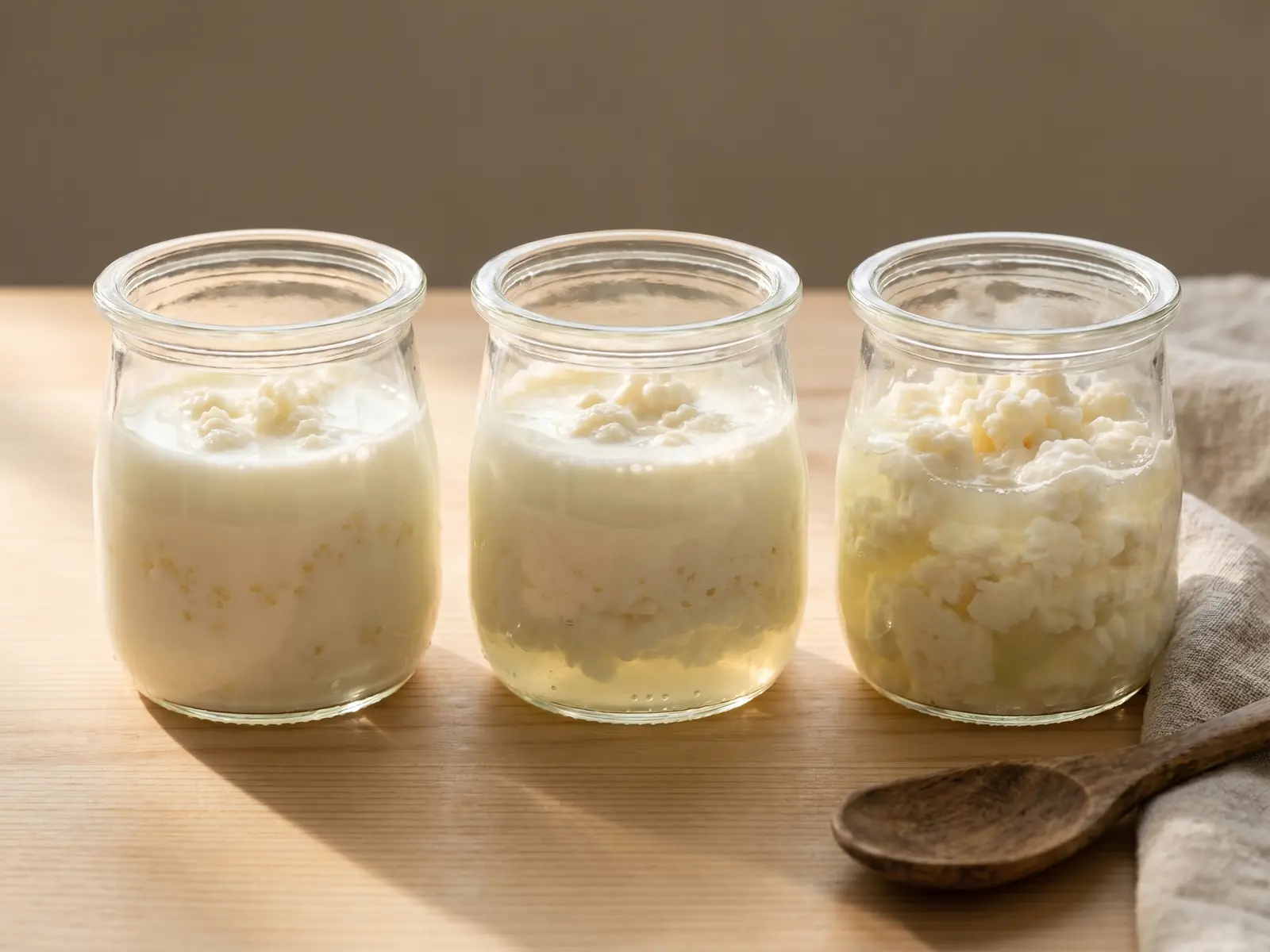 Drei kleine Gl&auml;ser zeigen Milchkefir in verschiedenen Fermentationsstadien mit Molke und Creme.