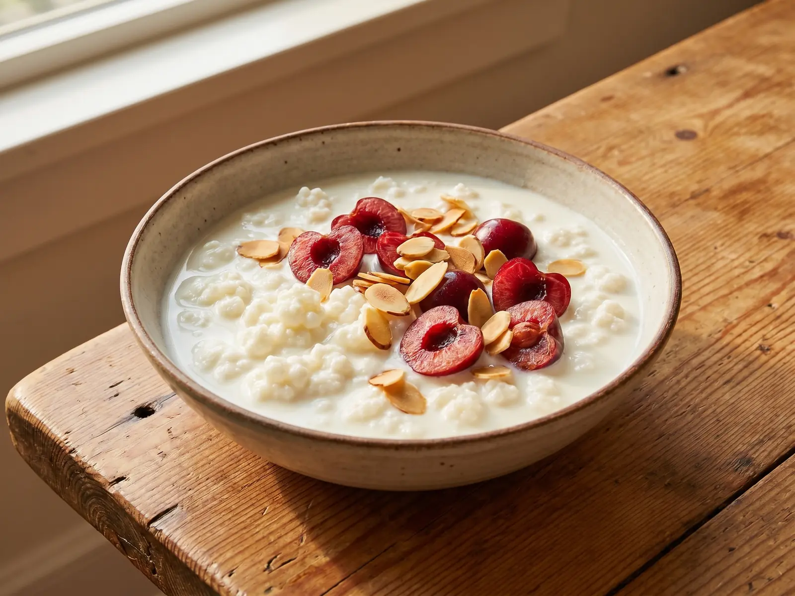 kefir hund durchfall Breite Schale mit cremigem Milchkefir, halbierten Kirschen und gerösteten Mandeln auf hellem Kiefernholz.