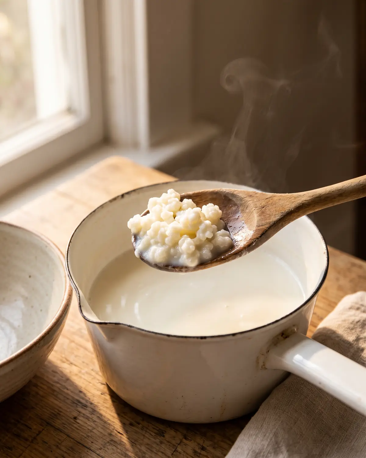 Warme Milch ruht in einem Emailletopf, w&auml;hrend Milchkefirknollen auf einem Holzl&ouml;ffel bereitliegen