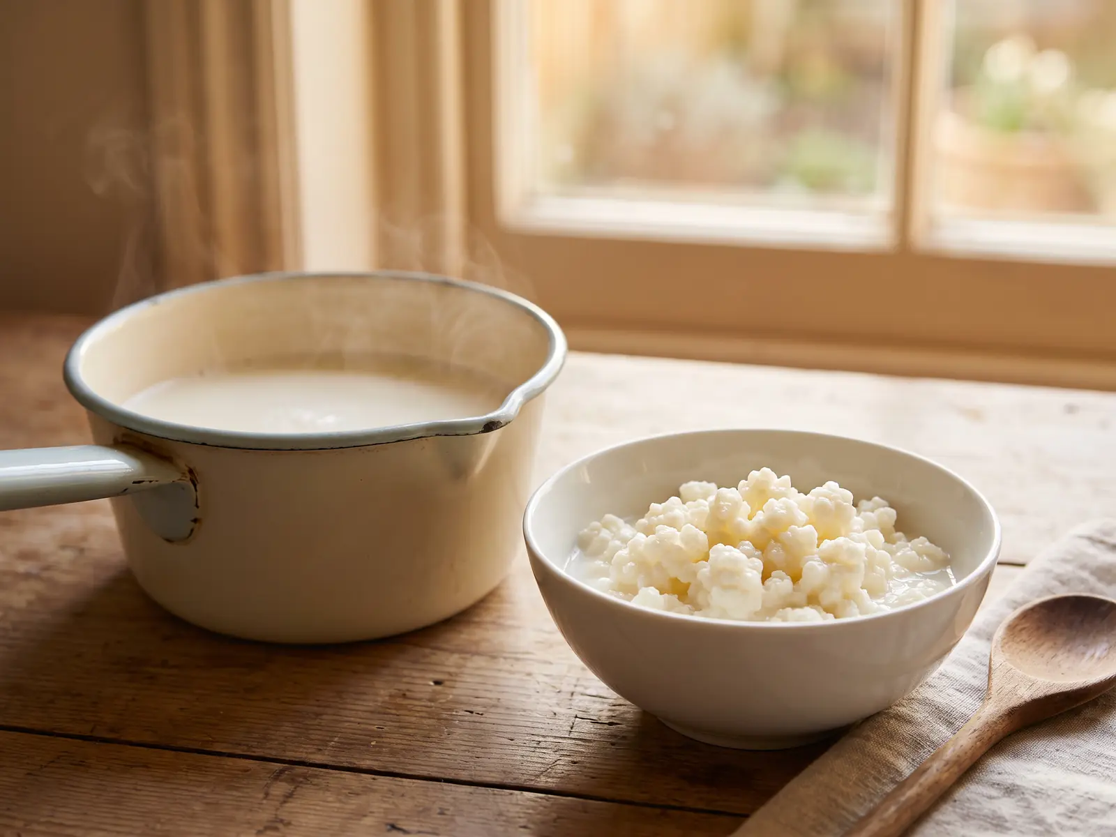 kefir in der stillzeit Emailletopf mit warmer Milch, Kefirknollen in einer weißen Schale und weiches Licht am Fenster.