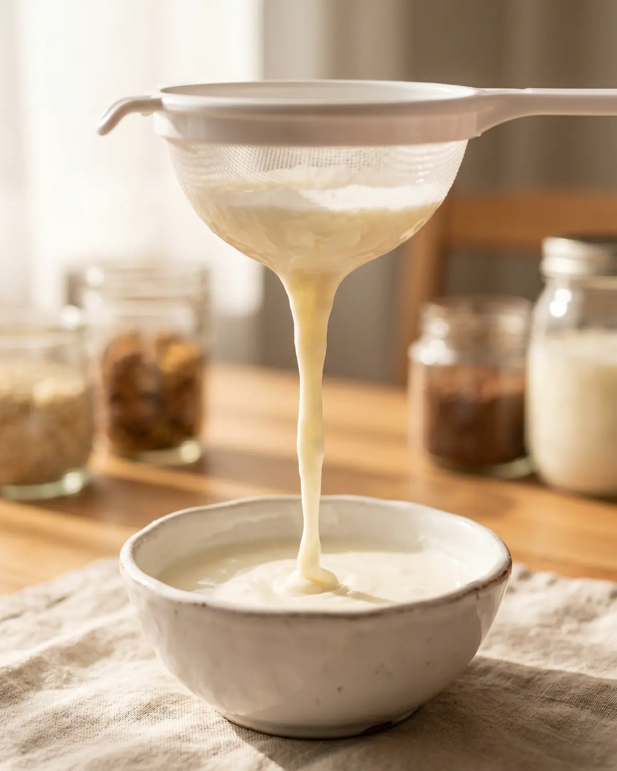 Dickfl&uuml;ssiger Milchkefir l&auml;uft aus einem wei&szlig;en Kunststoffsieb in eine helle Keramikschale.