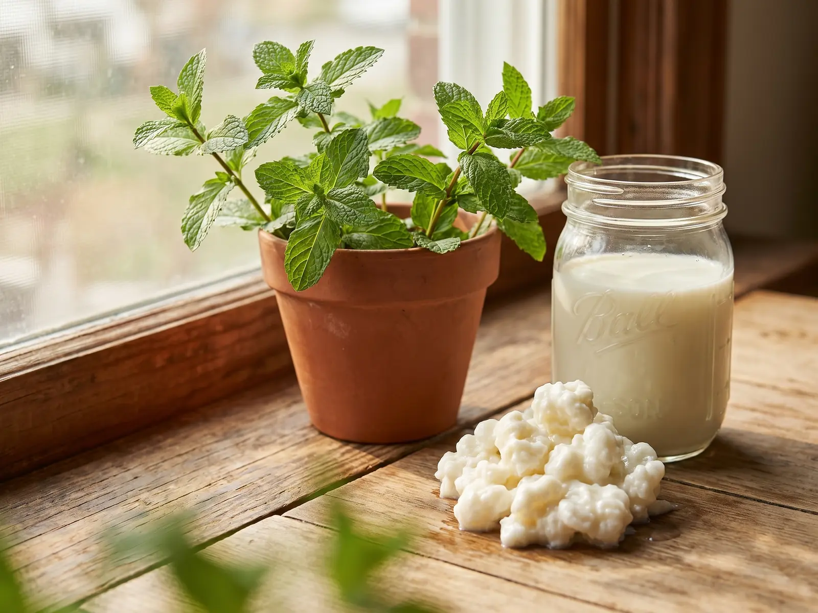 Glas mit Milch und Kefirknollen auf einem Fensterbrett neben Minze in weichem gr&uuml;nem Licht.