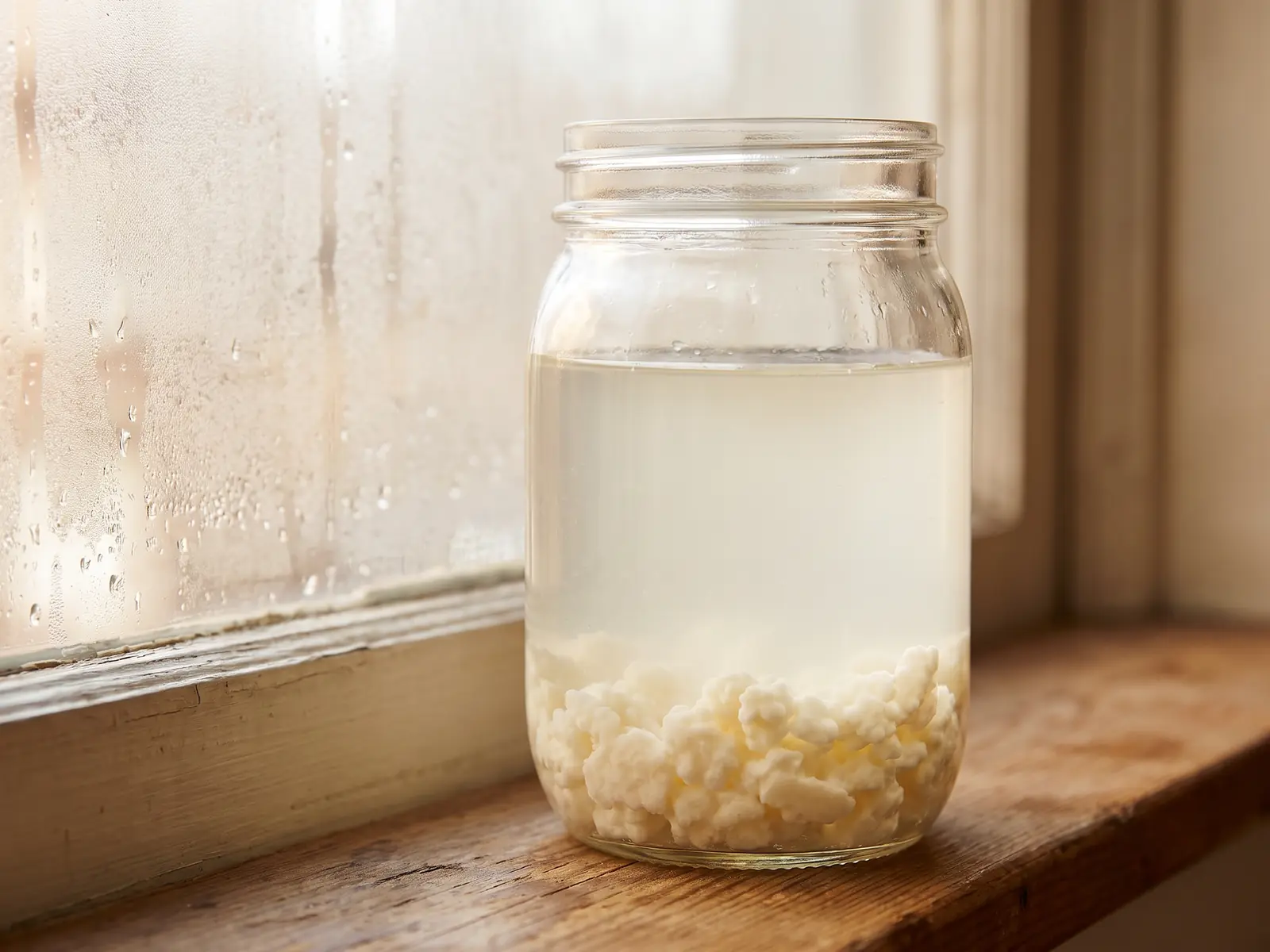 Milchiger Kefir im Glas vor beschlagener Fensterscheibe mit K&ouml;rnchen am Boden des Gef&auml;&szlig;es.