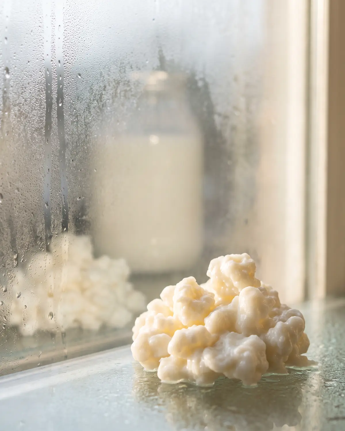 kefir immunsystem Milchige Silhouette eines Kefirglases vor beschlagener Fensterscheibe mit kaum sichtbaren Knollen.