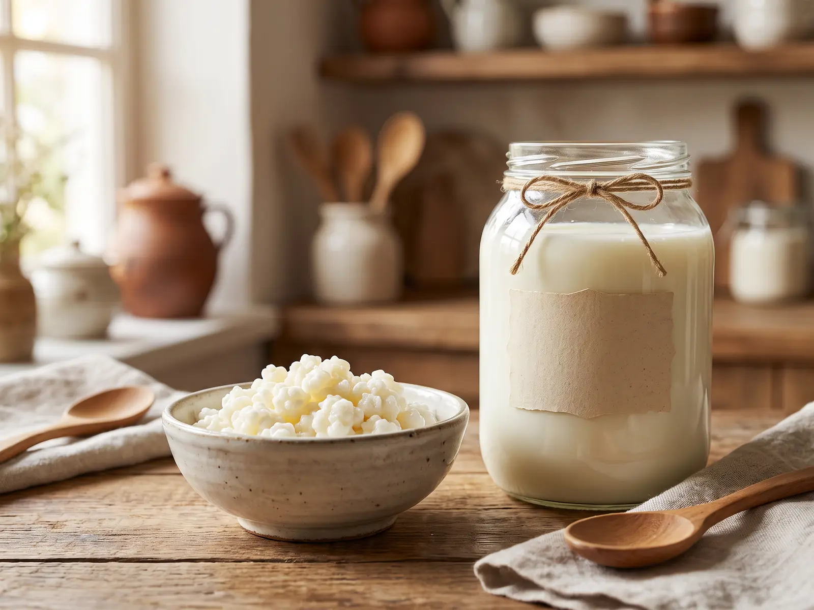 milchkefir aufbewahren Hausgemachte Fermentierstation mit Kefirglas, Milchkefirknollen in Keramik und leerem Etikett.