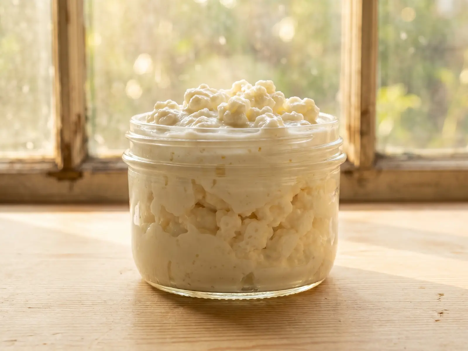 Ein niedriger Glasbeh&auml;lter mit wei&szlig;em Milchkefir steht auf hellem Holz vor warmem Fensterlicht.